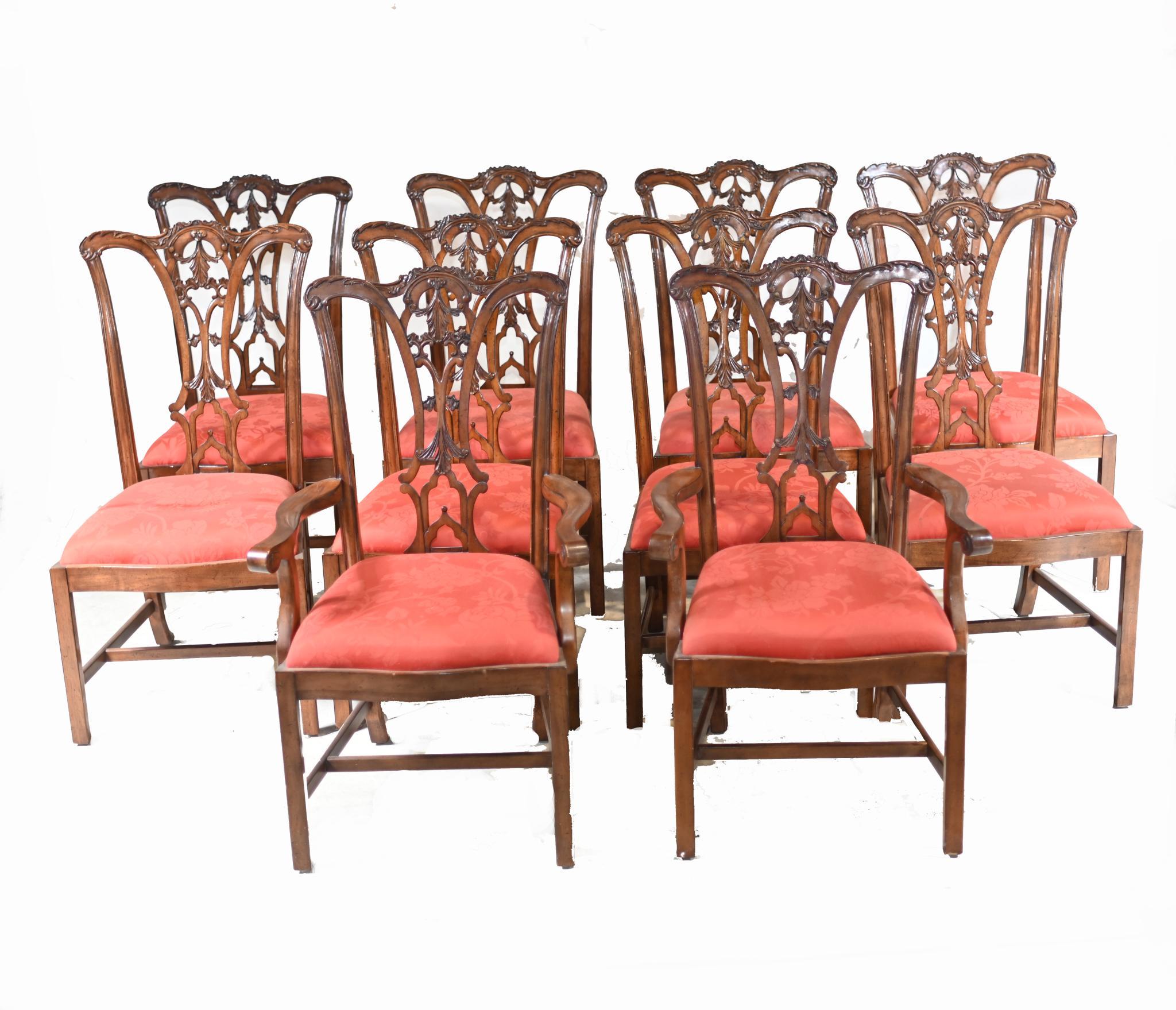 You are viewing a set of Chippendale style dining chairs in mahogany
The set consists of two arm chairs and 8 side chairs
We have various dining tables to match if you are looking for a
complete suite
The chairs have just been reupholstered so clean