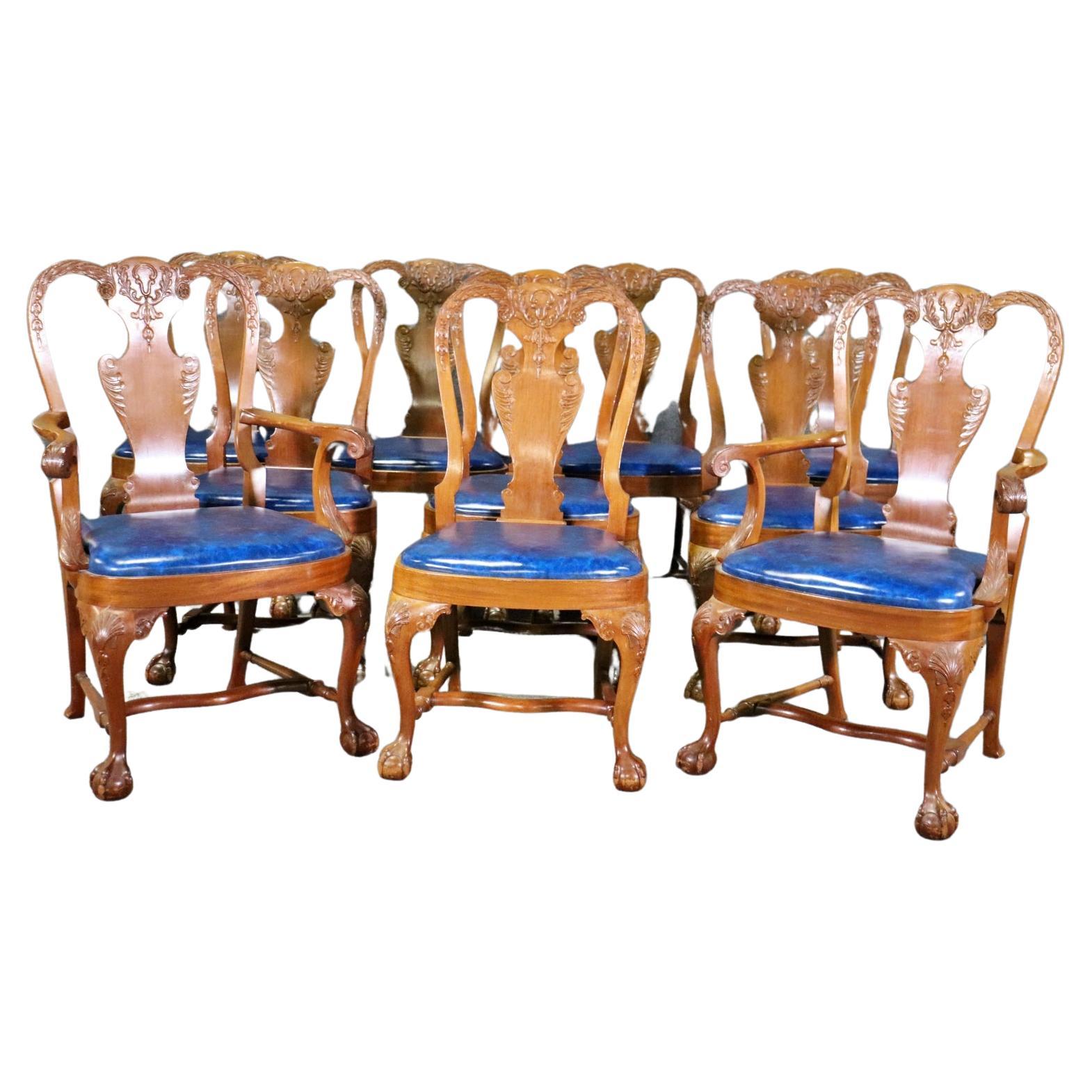 Set 10 Custom-Made Solid Walnut Georgian Carved Dining Chairs Manner of Gillows  For Sale