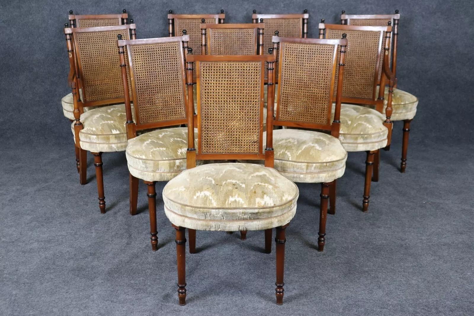 Set di 10 sedie da pranzo in stile Regency con schienale a canne in noce naturale e ebanizzato in vendita 6