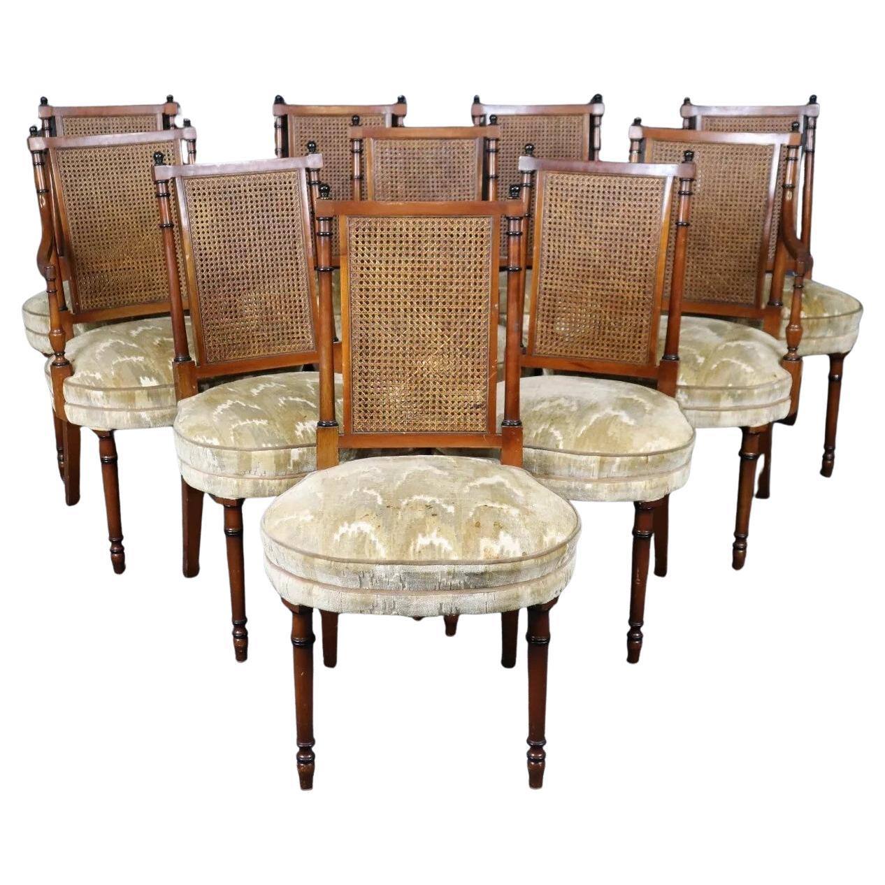 Set 10 Ebonized and Natural Walnut Cane Back Regency Style Dining Chairs