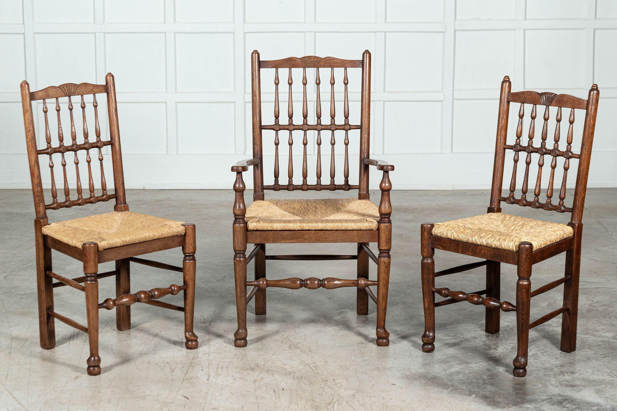 circa 1940
Set 10 English Bobbin Oak & Ash Rush Dining Chairs
Chairs x8
W41 x D40 x H100
Seat height 47 cm
Carvers x2
W59 x D50 x H107 cm
Seat height 48 cm.