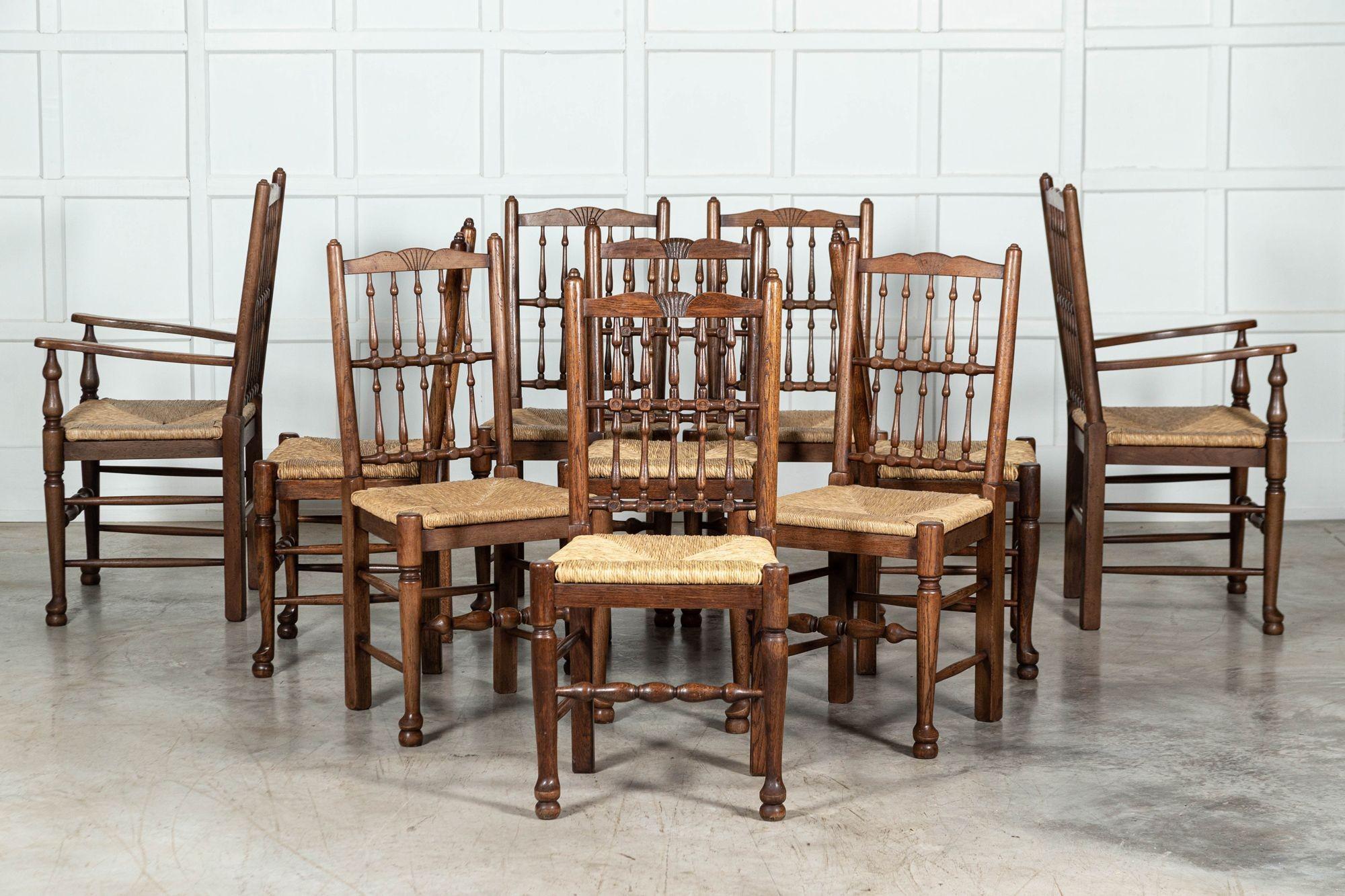 Set 10 English Bobbin Oak & Ash Rush Dining Chairs 5