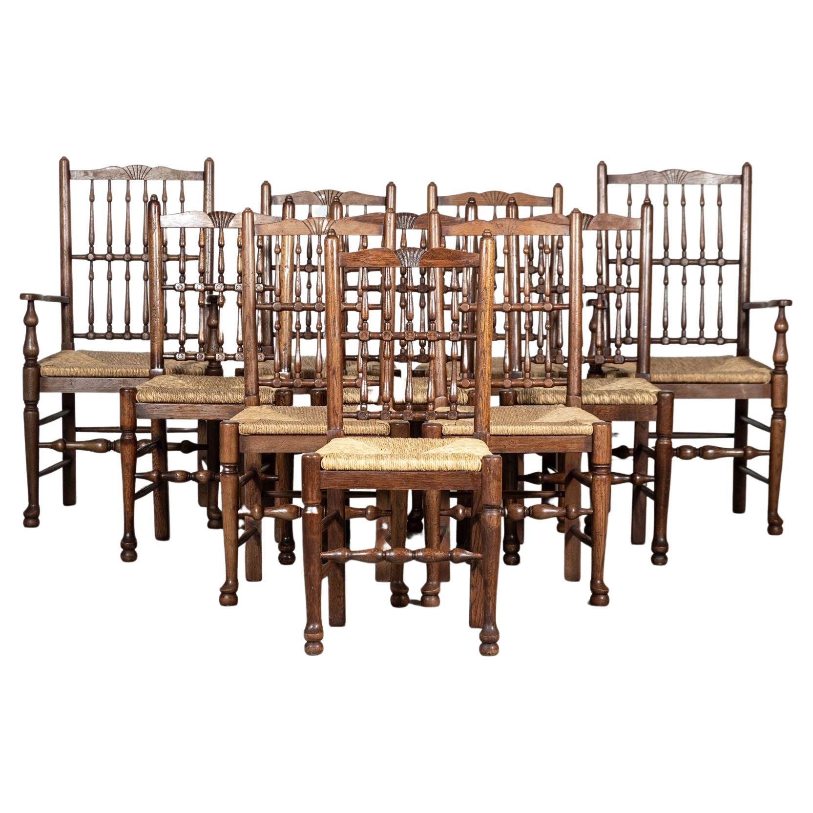 Set 10 English Bobbin Oak & Ash Rush Dining Chairs