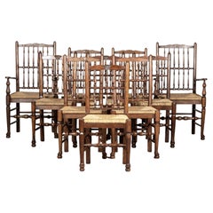 Retro Set 10 English Bobbin Oak & Ash Rush Dining Chairs