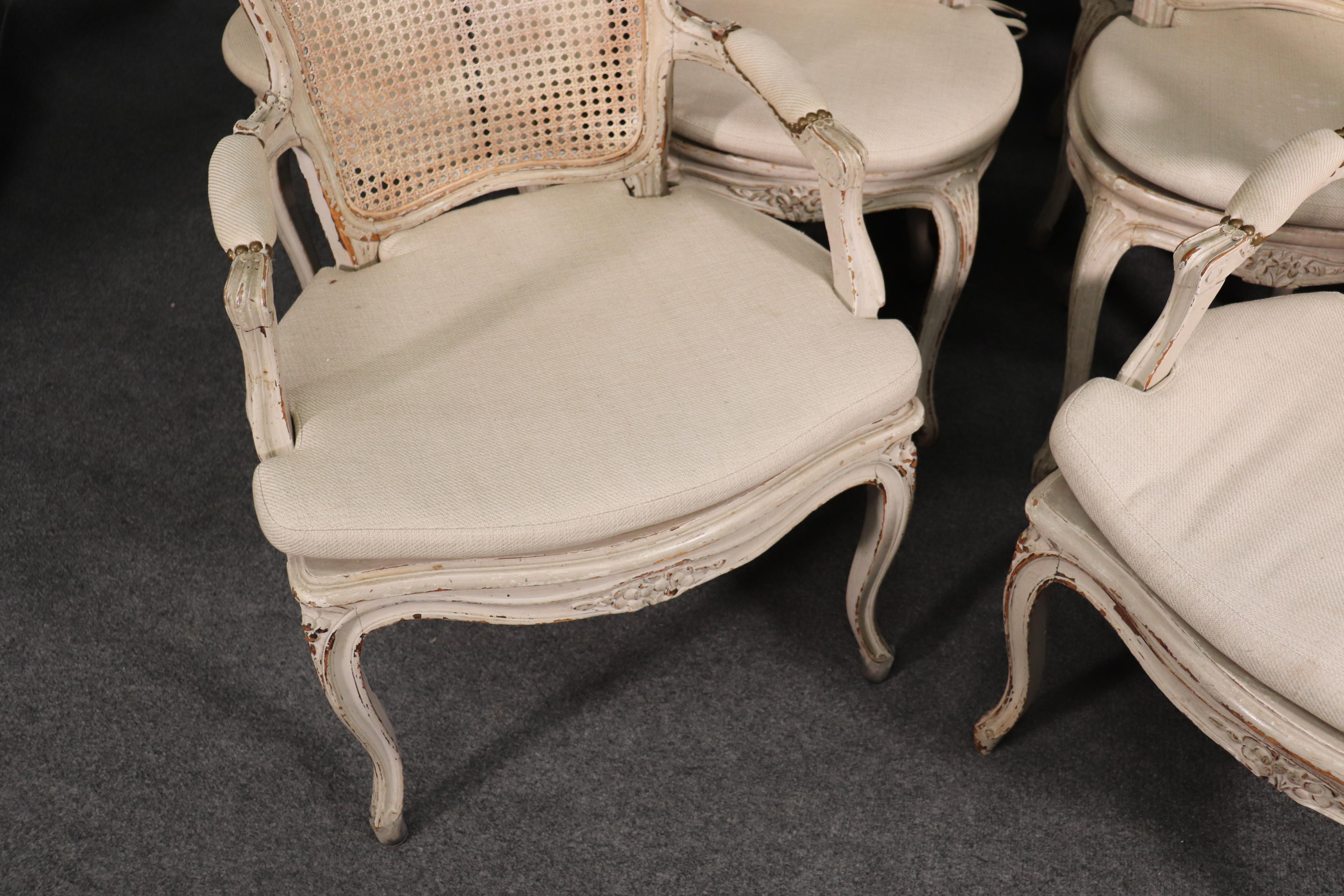 Set 10 French Louis XV White Painted Cane Maison Jansen Dining Chairs circa 1920 In Good Condition In Swedesboro, NJ