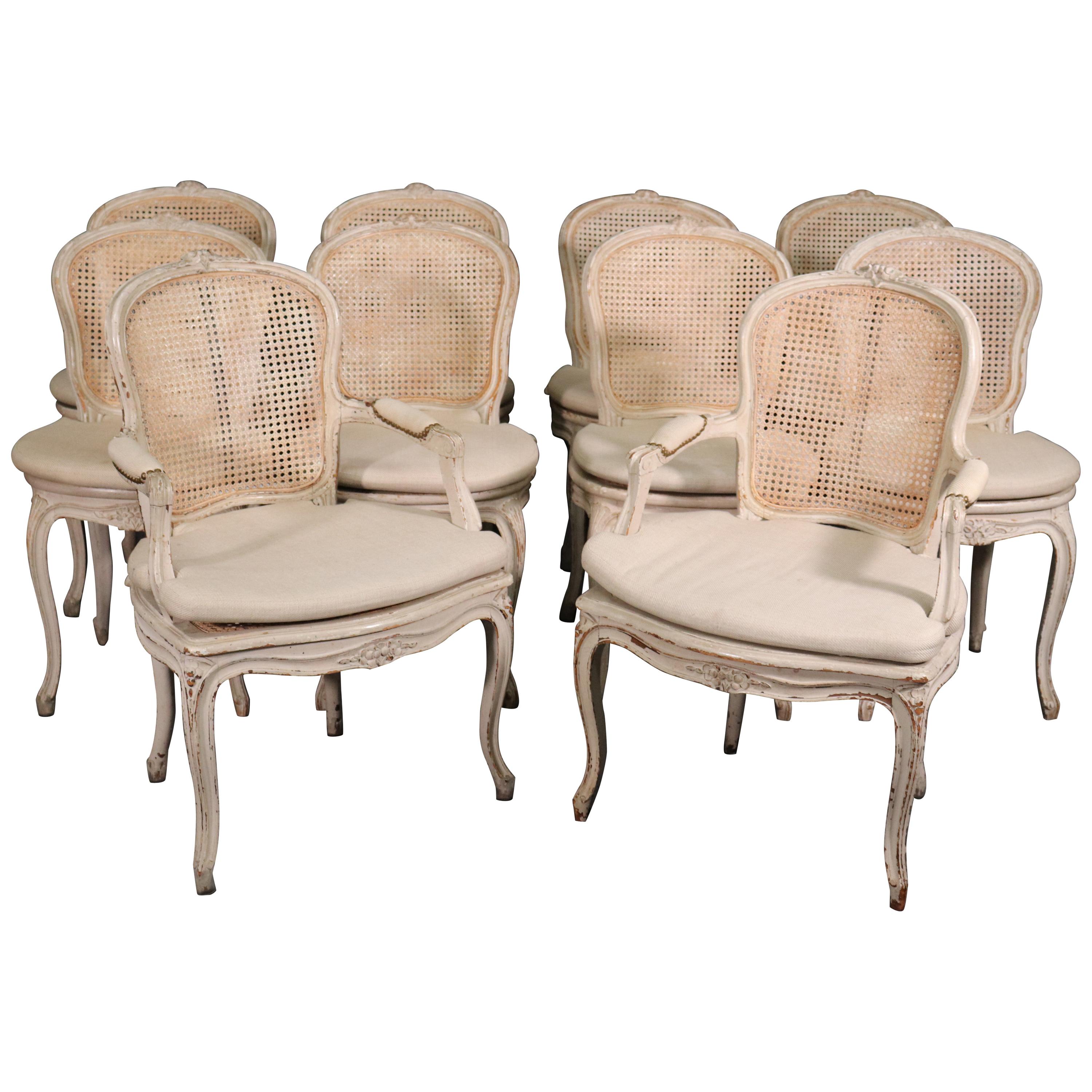 Set 10 French Louis XV White Painted Cane Maison Jansen Dining Chairs circa 1920