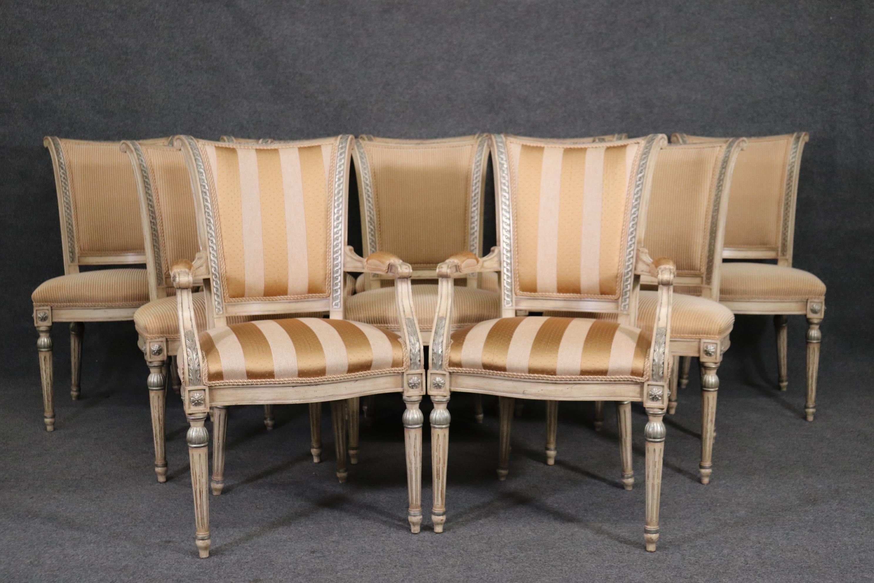 Karges of Evansville Indiana has been America's premier manufacturer of fine French recreations since 1886 and continues to make America's best and most expensive furniture to this day. These gorgeous dining chairs are in very good condition with