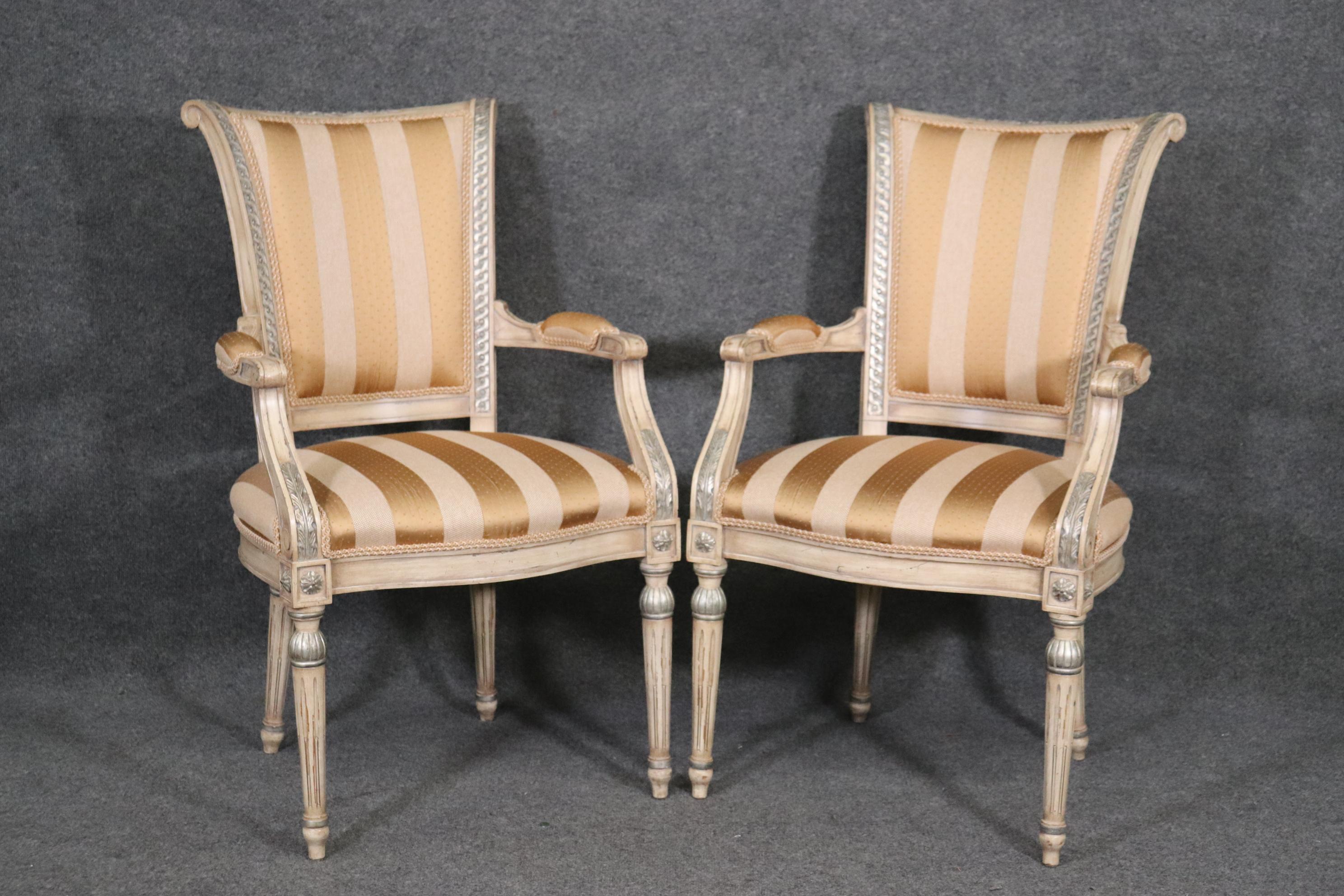 American Set 10 French Louis XVI Painted Decorated Silver Leafed Karges Dining Chairs