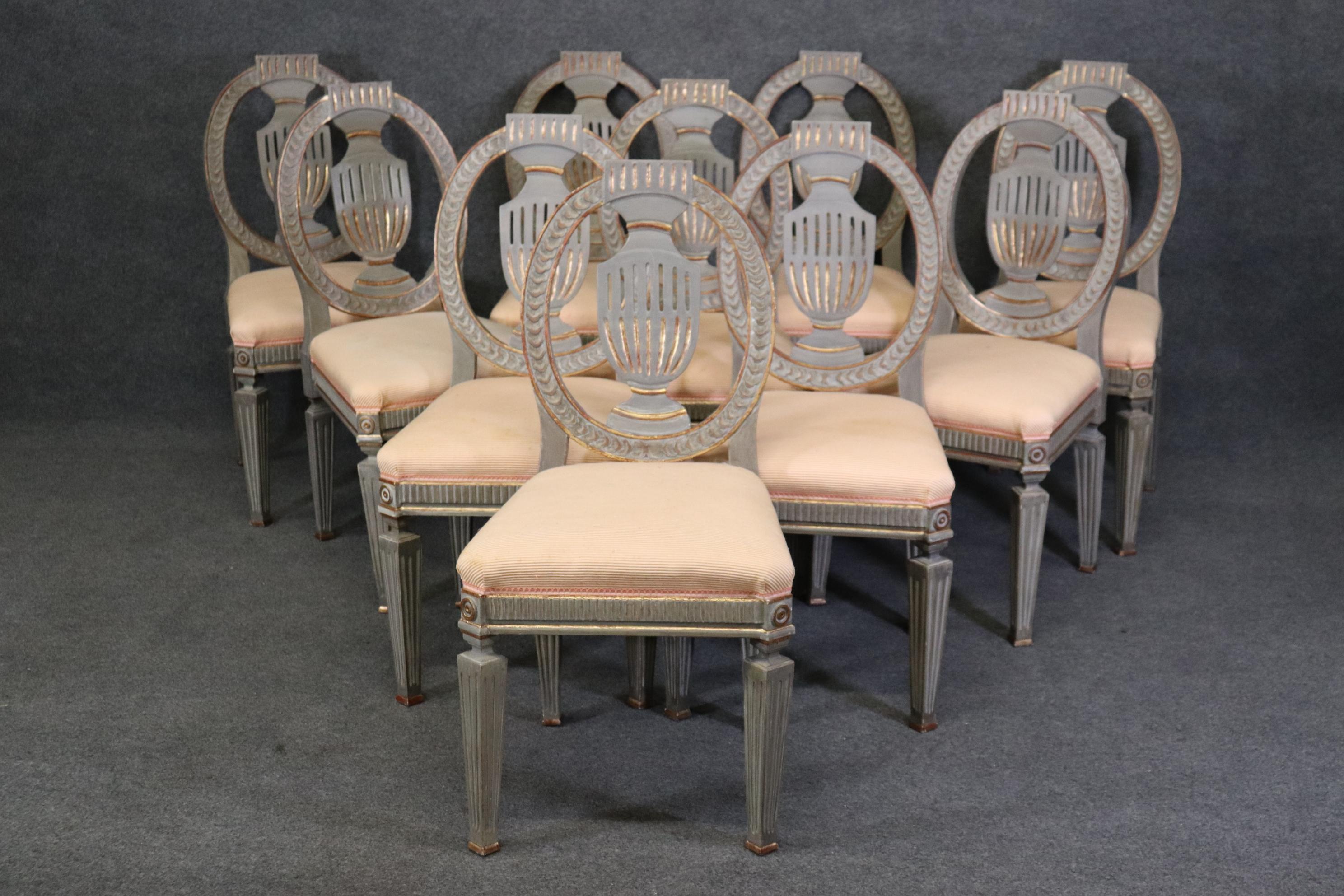Set 10 Genuine Swedish Gustavian Gilded Gray Paint Decorated Dining Chairs  In Good Condition For Sale In Swedesboro, NJ