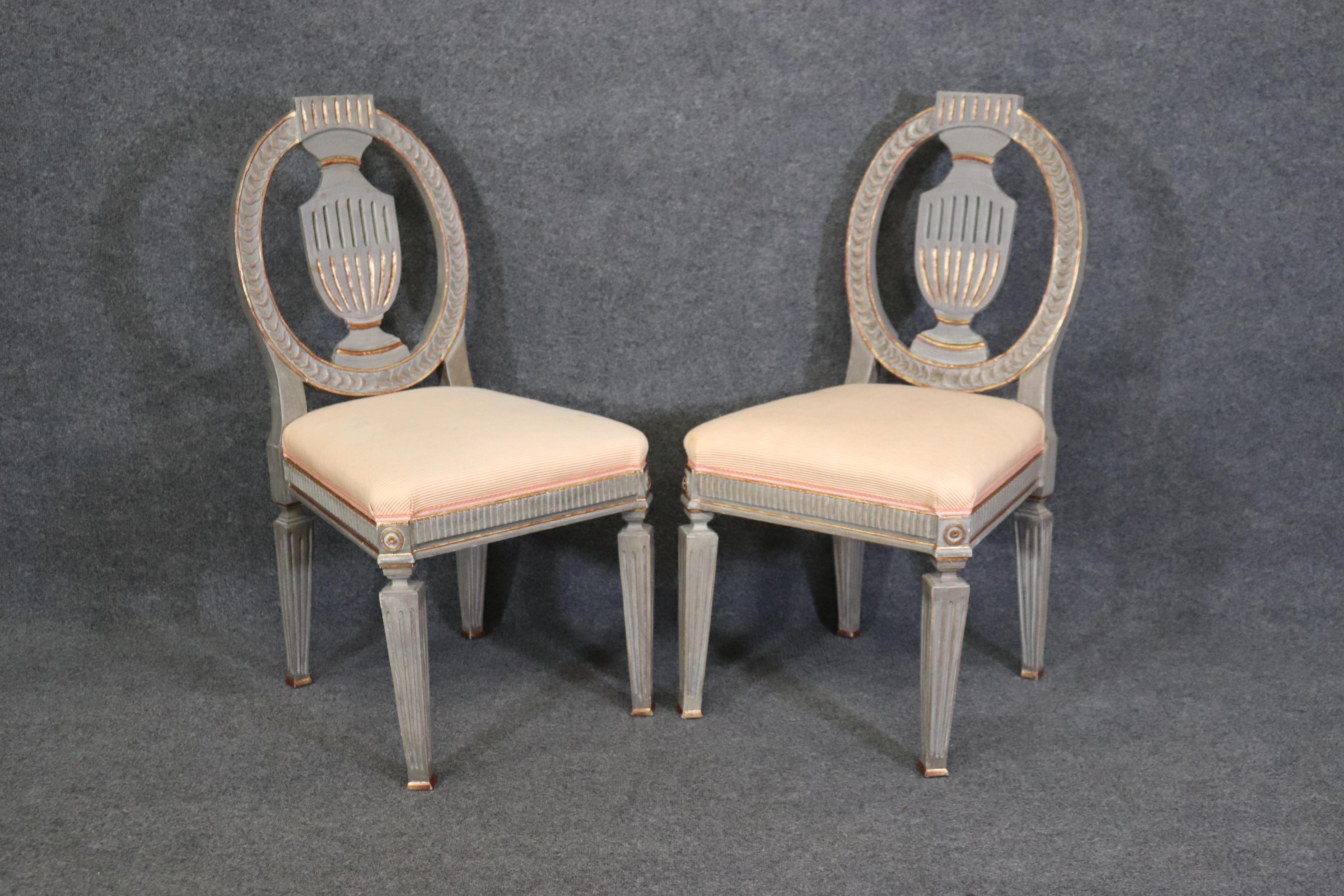 Mid-20th Century Set 10 Genuine Swedish Gustavian Gilded Gray Paint Decorated Dining Chairs  For Sale