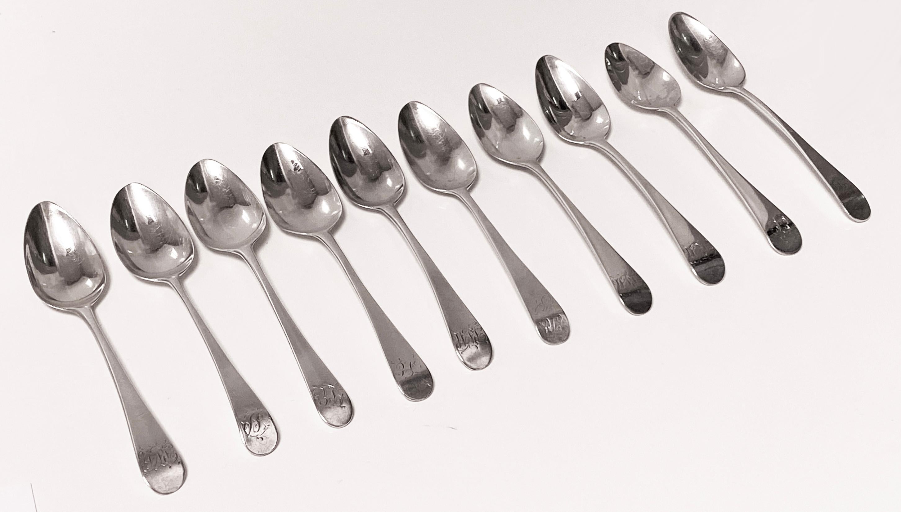 Set 10 Georgian Silver Teaspoons London 1801-13 mixed Peter Ann and William Bateman. Lengths: 5.125 – 5.25 inches. Weight: 146.24 grams. Slightly mixed set with very slight wear commensurate with age, monograms