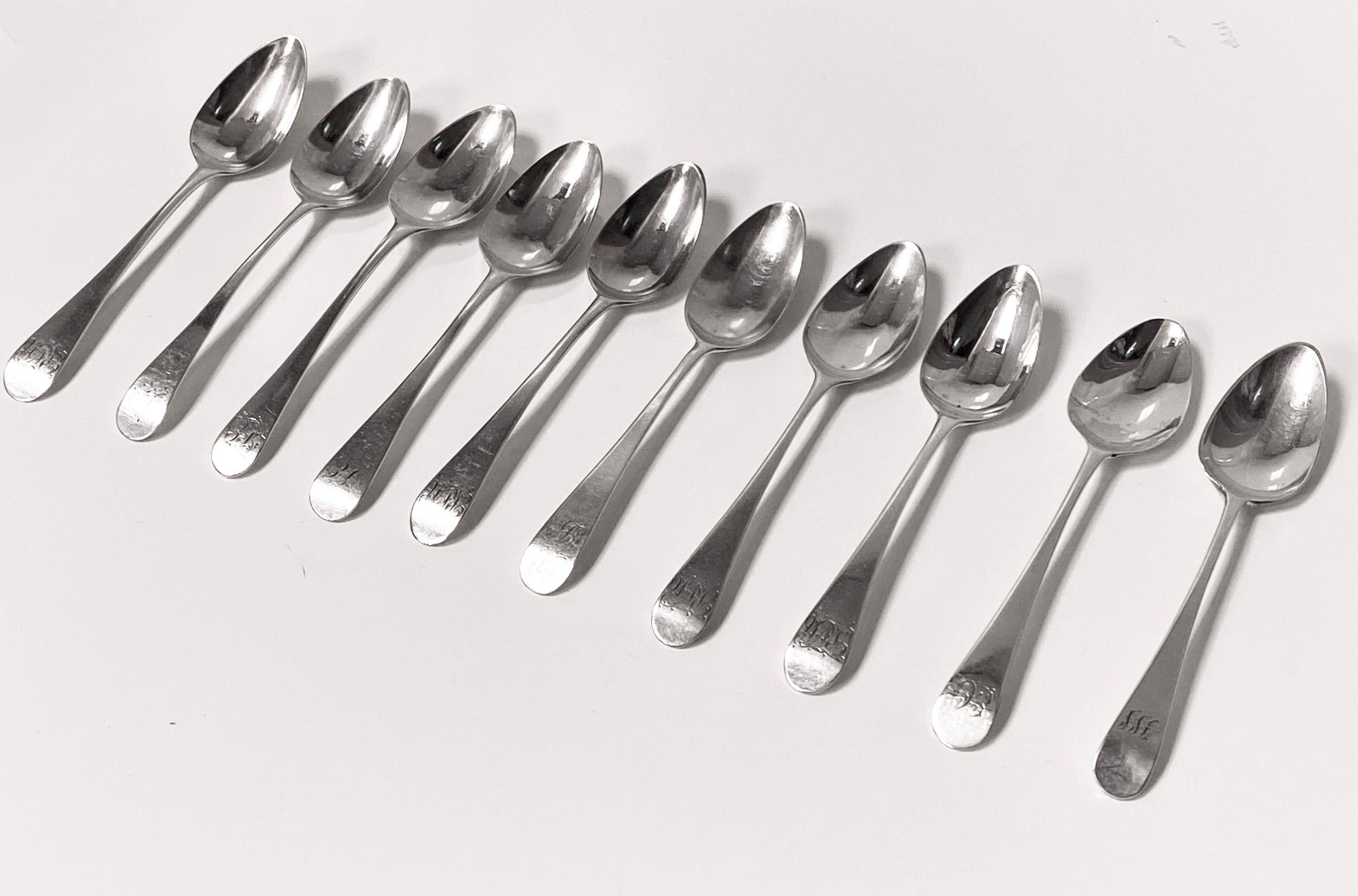 English Set 10 Georgian Silver Teaspoons London 1801-13 mixed Peter Ann and William Bate For Sale