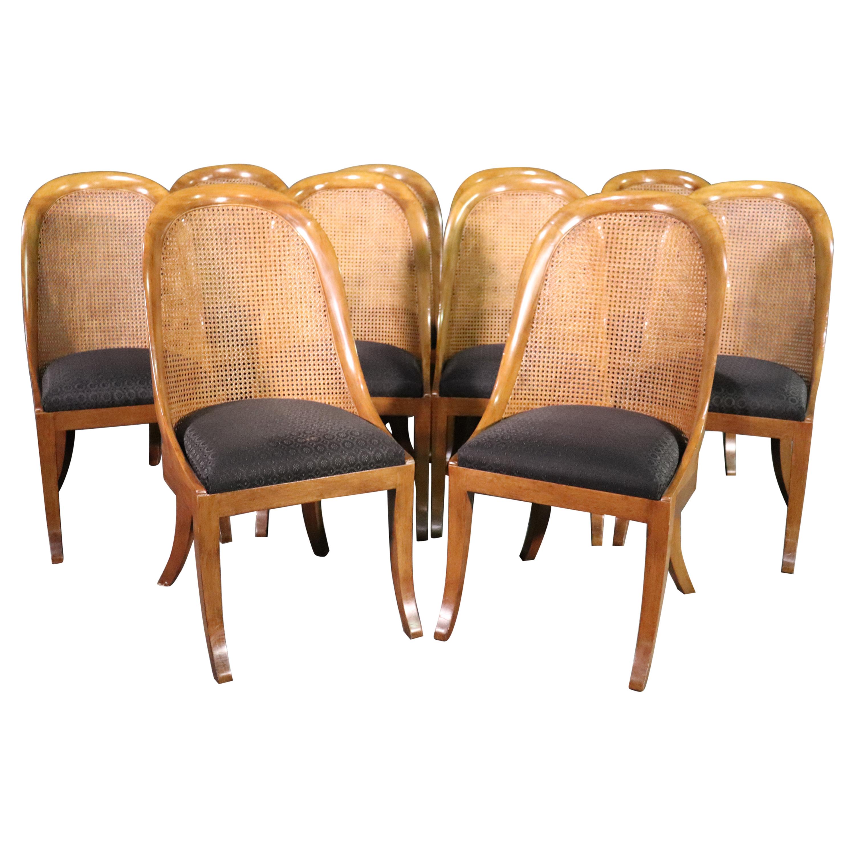 Set of 10 Hollywood Regency Solid Walnut Cane Dining Chairs, circa 1950