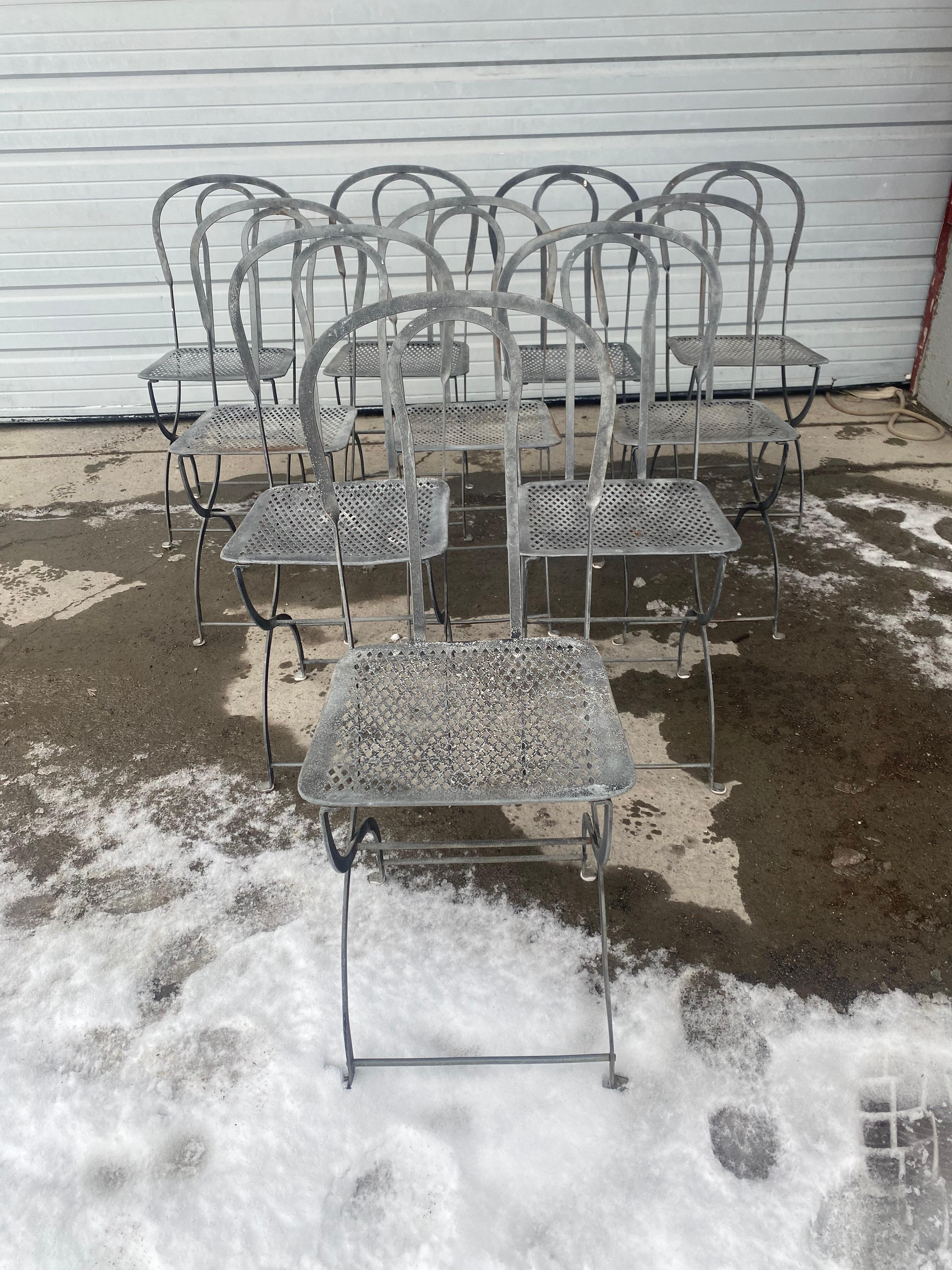 Set 10 Iron / Metal French Bistro Cafe Chairs.. Classic Design..Wonderful patina..color,,finish,, Extremelly comfortable. Hand delivery avail to New York City or anywhere en route from Buffalo NY......*****NOTE**** NOT FOLDING