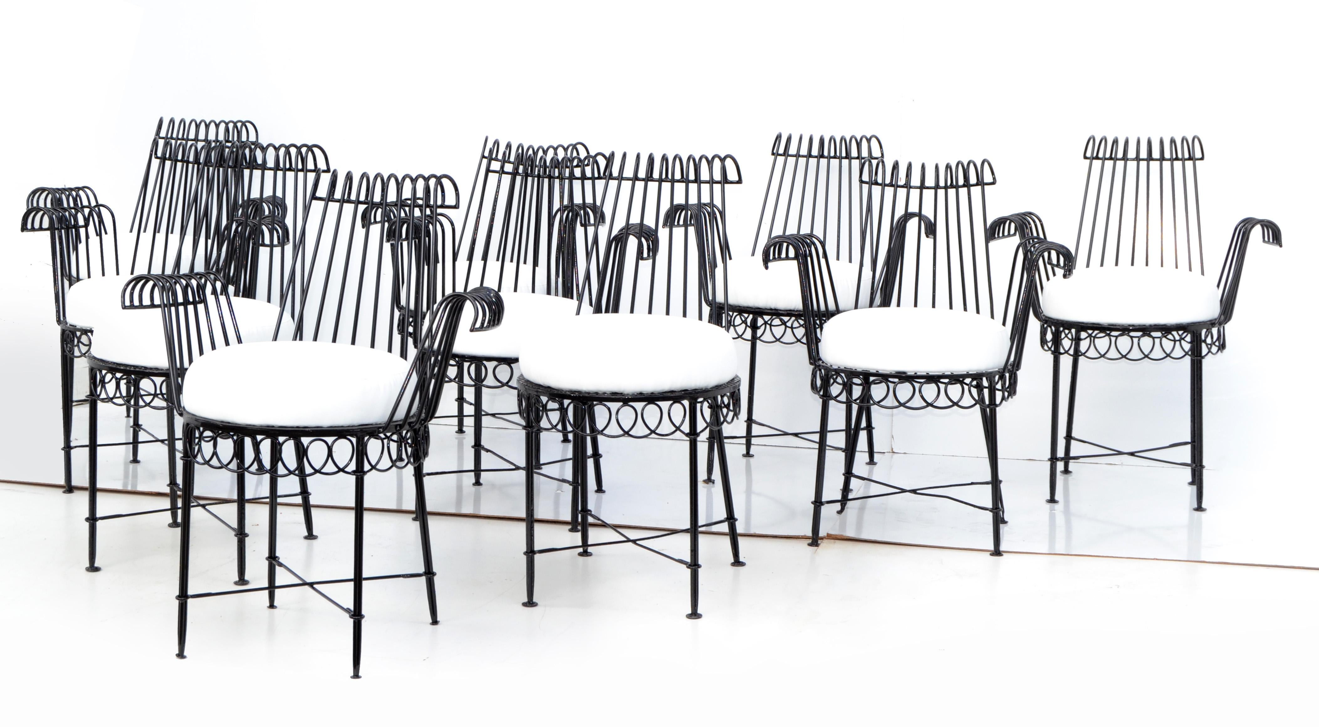 Mid-Century Modern Set of 6 Mathieu Matégot Cap D’ail Wrought Iron Dining Room Chairs Outdoors 