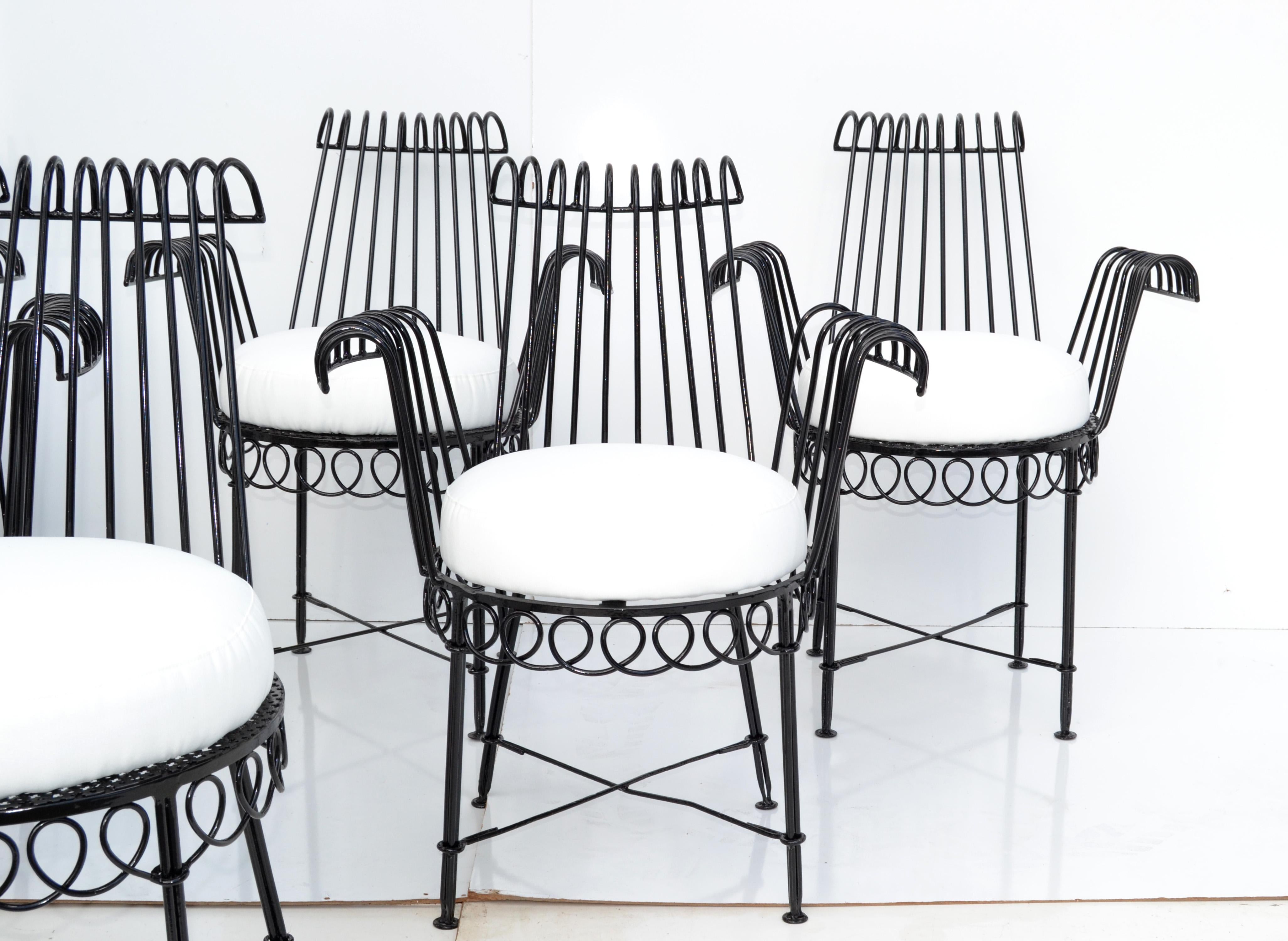 Mid-20th Century Set of 6 Mathieu Matégot Cap D’ail Wrought Iron Dining Room Chairs Outdoors 