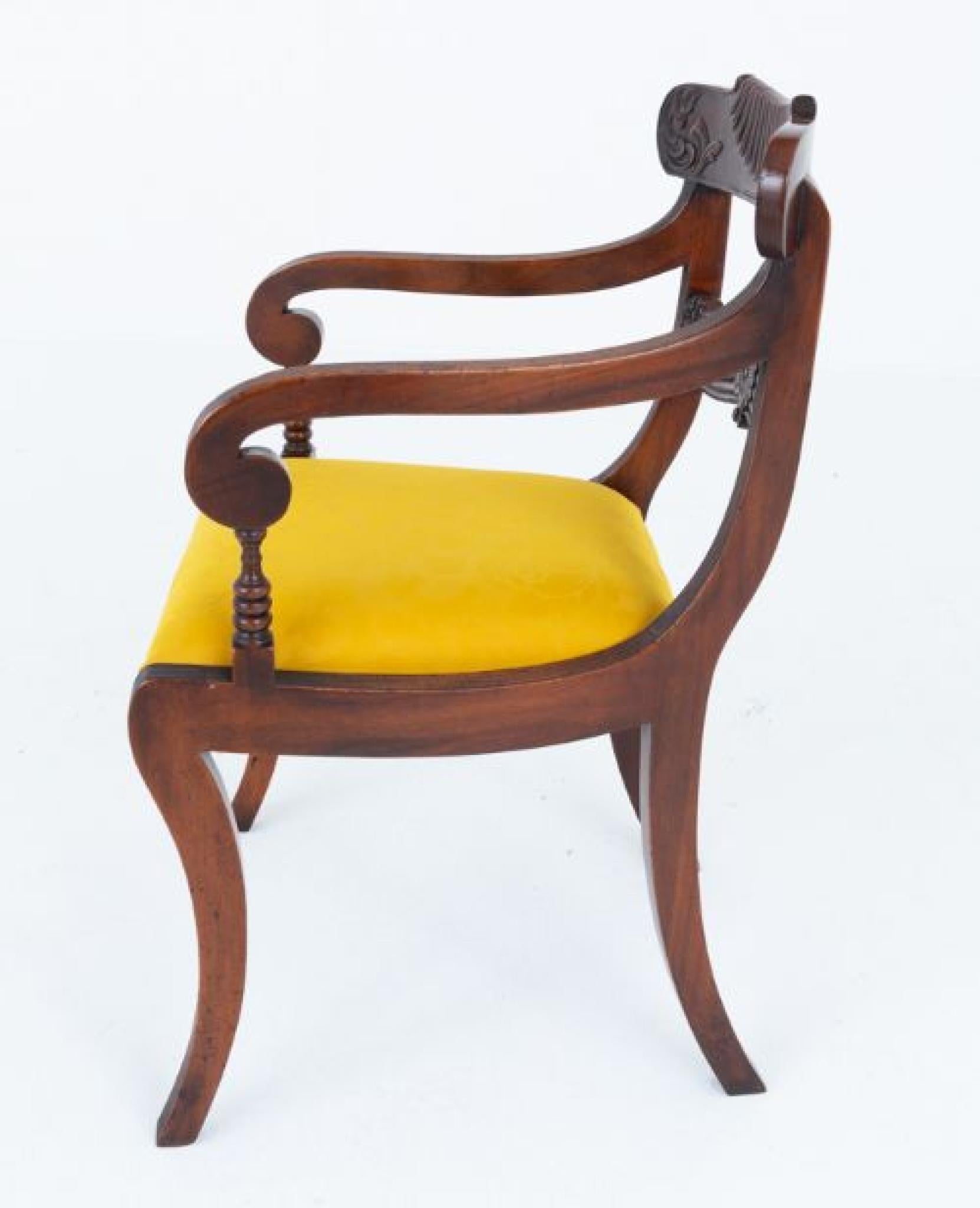 Set of 10 ( 8 + 2 ) Regency Revival mahogany dining chairs
These wonderful chairs are raised upon reeded sabre legs
The lower back rails having carved and fluted detail
Circa 1920
We have various Regency dining tables to match, please get in touch