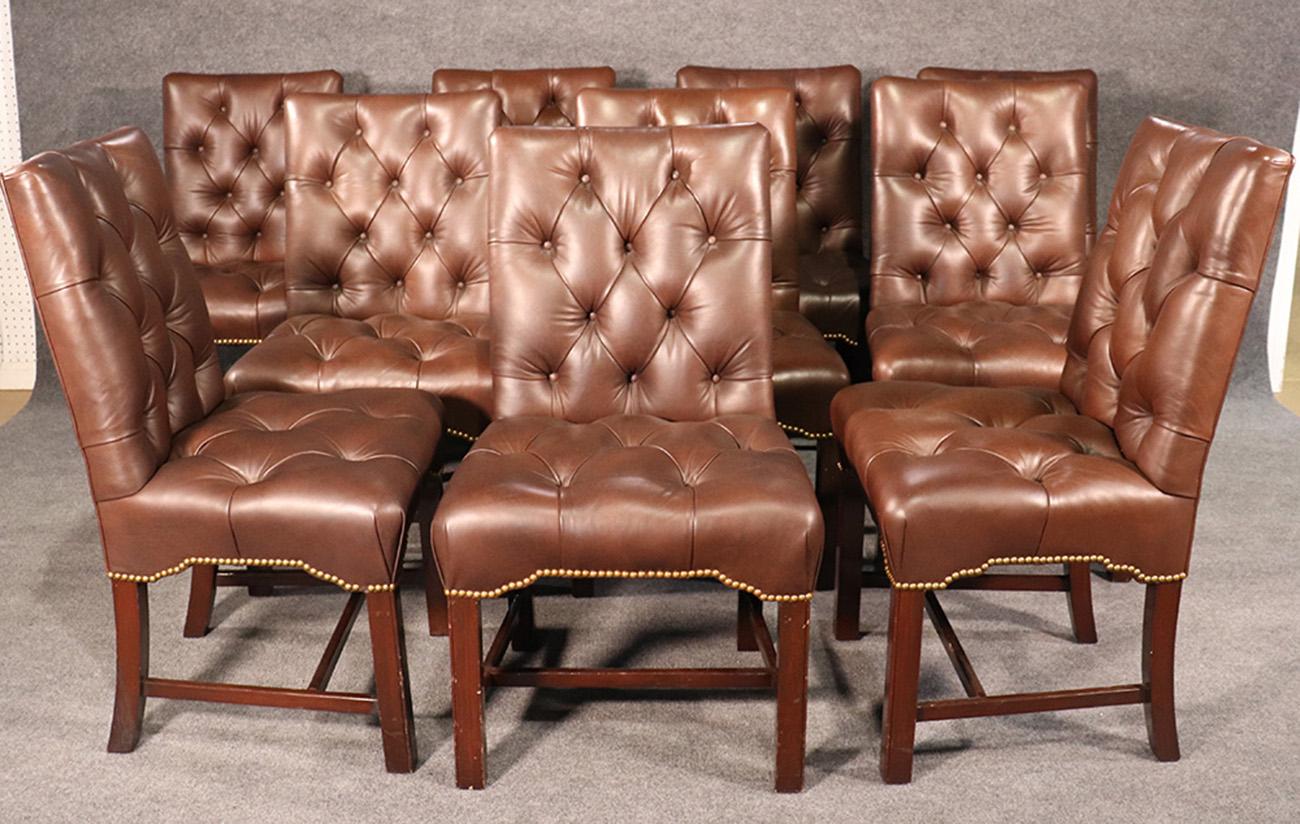 These gorgeous genuine top grain leather chairs have solid mahogany frames and are in very good used condition. They will be professionally detailed so the mahogany legs and stretchers look their best and have the scuffs detailed and removed. These