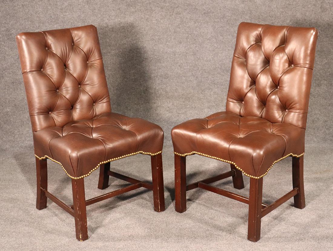 American Set 10 Top Grain Leather Tufted Georgian Style Mahogany Conference Dining Chairs
