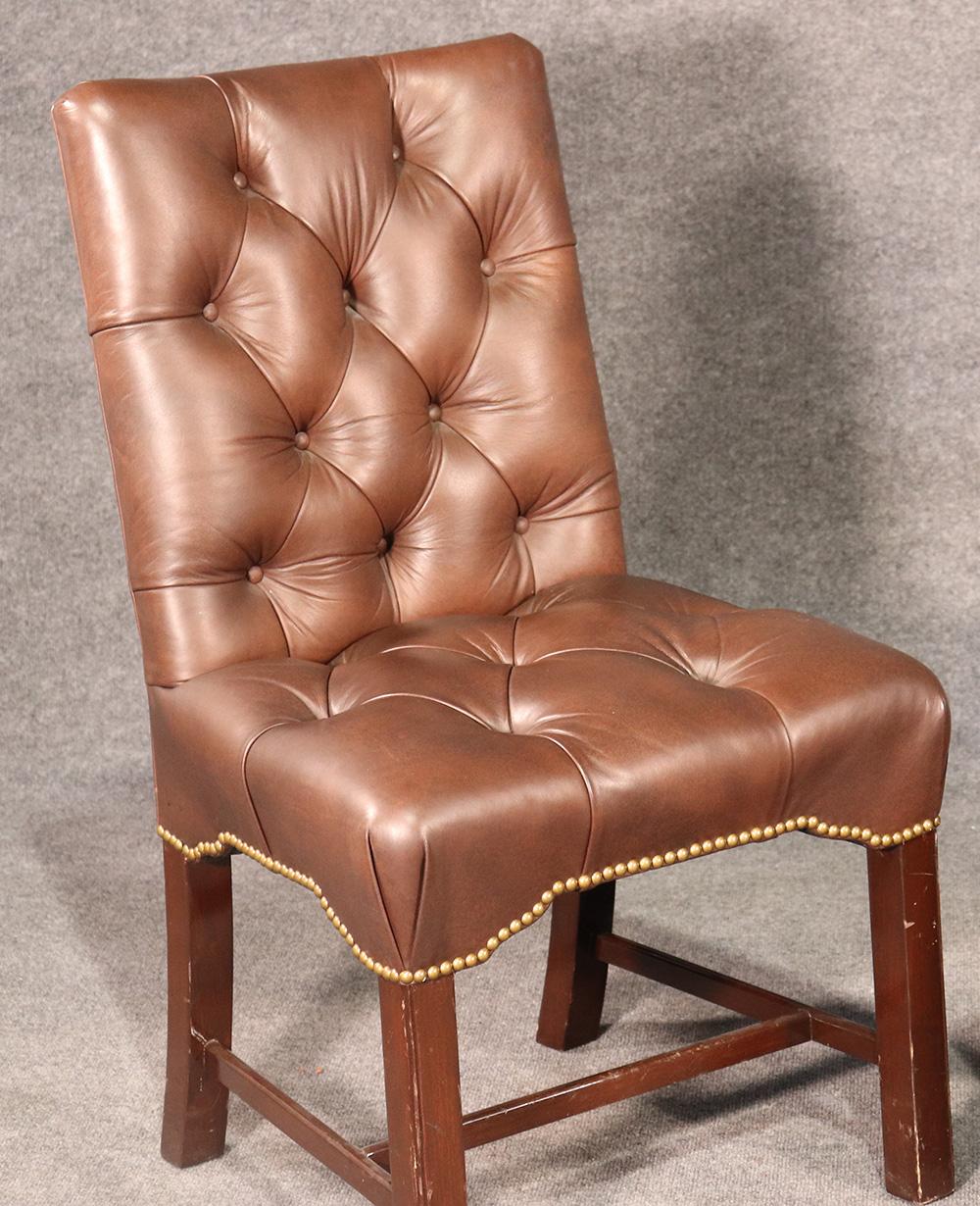 Late 20th Century Set 10 Top Grain Leather Tufted Georgian Style Mahogany Conference Dining Chairs