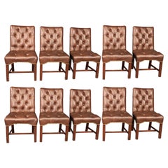 Set 10 Top Grain Leather Tufted Georgian Style Mahogany Conference Dining Chairs