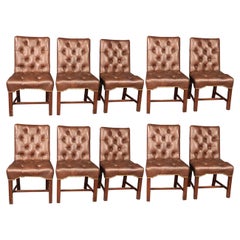 Set 10 Top Grain Leather Tufted Georgian Style Mahogany Conference Dining Chairs