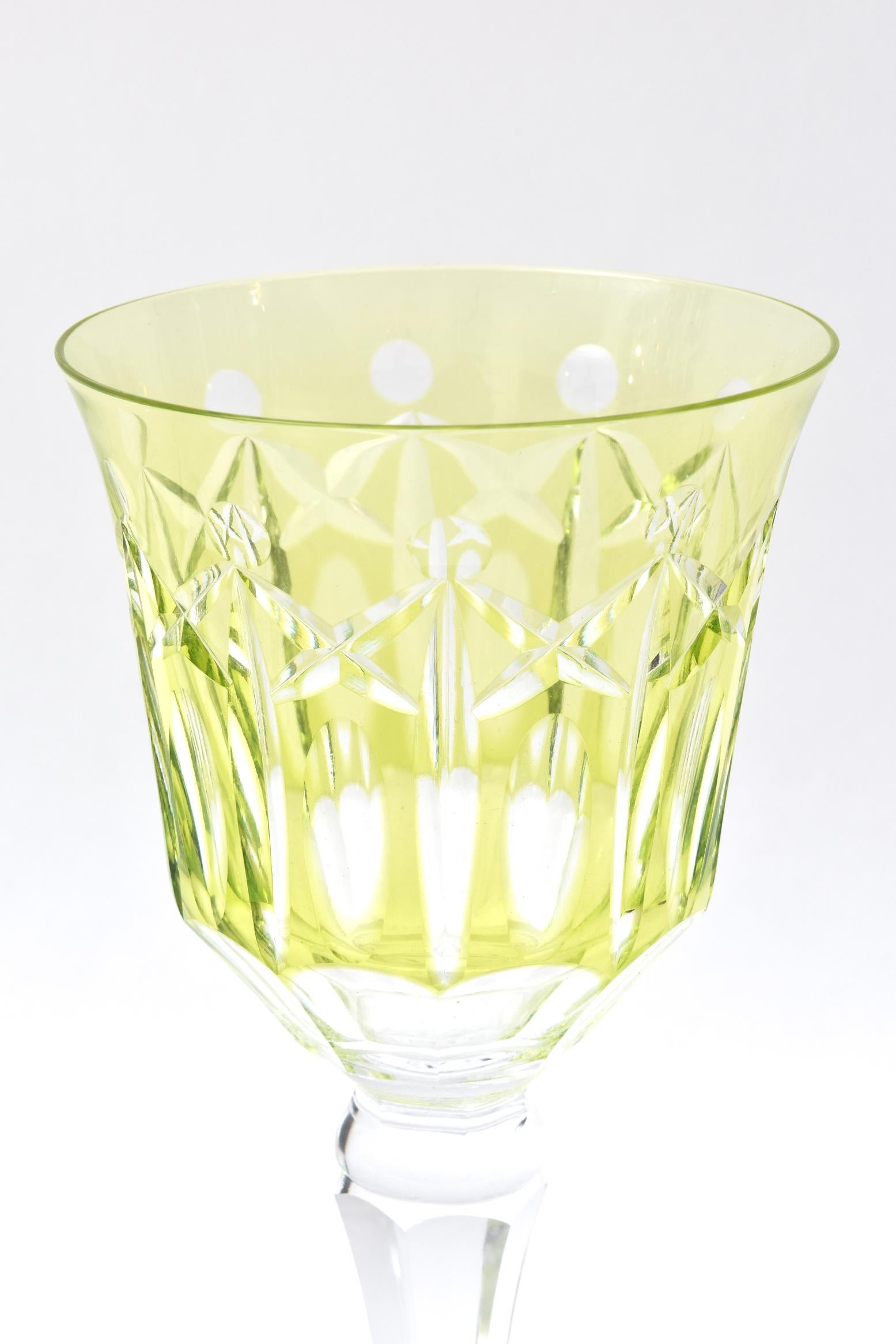 Czech Set of 11 Crystal Wine Glasses, Great Chartreuse Color, Vintage