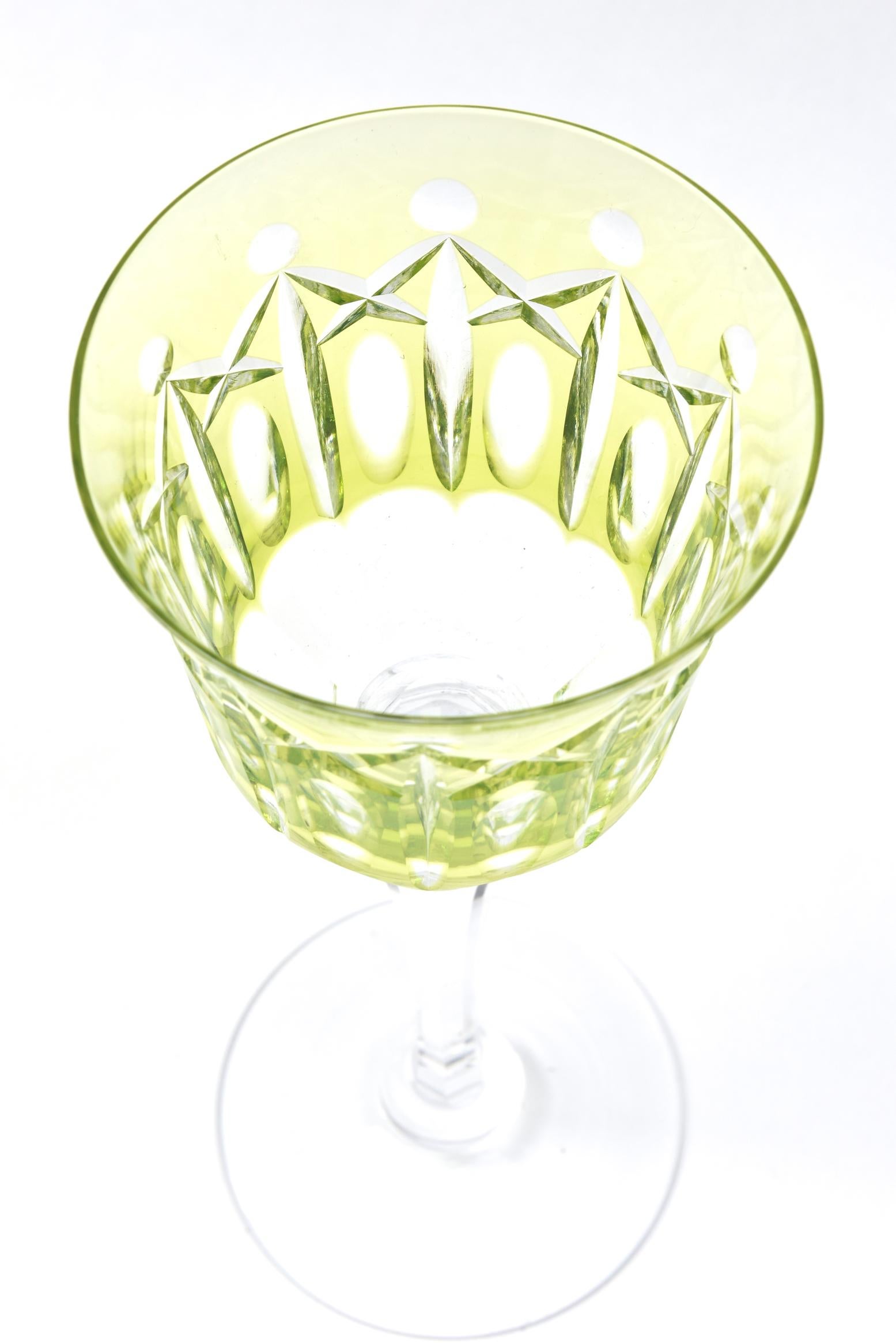 Hand-Crafted Set of 11 Crystal Wine Glasses, Great Chartreuse Color, Vintage