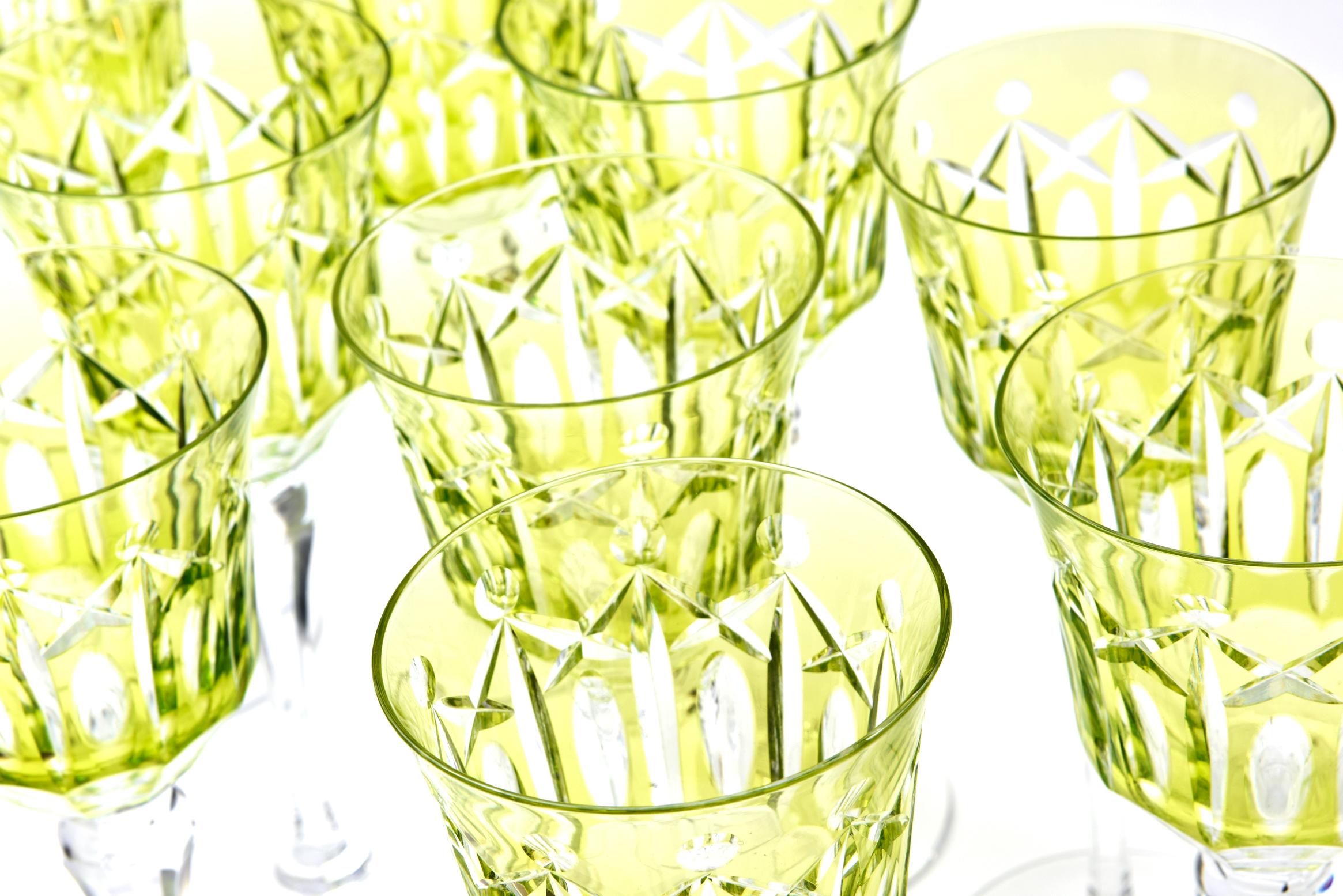 Mid-20th Century Set of 11 Crystal Wine Glasses, Great Chartreuse Color, Vintage