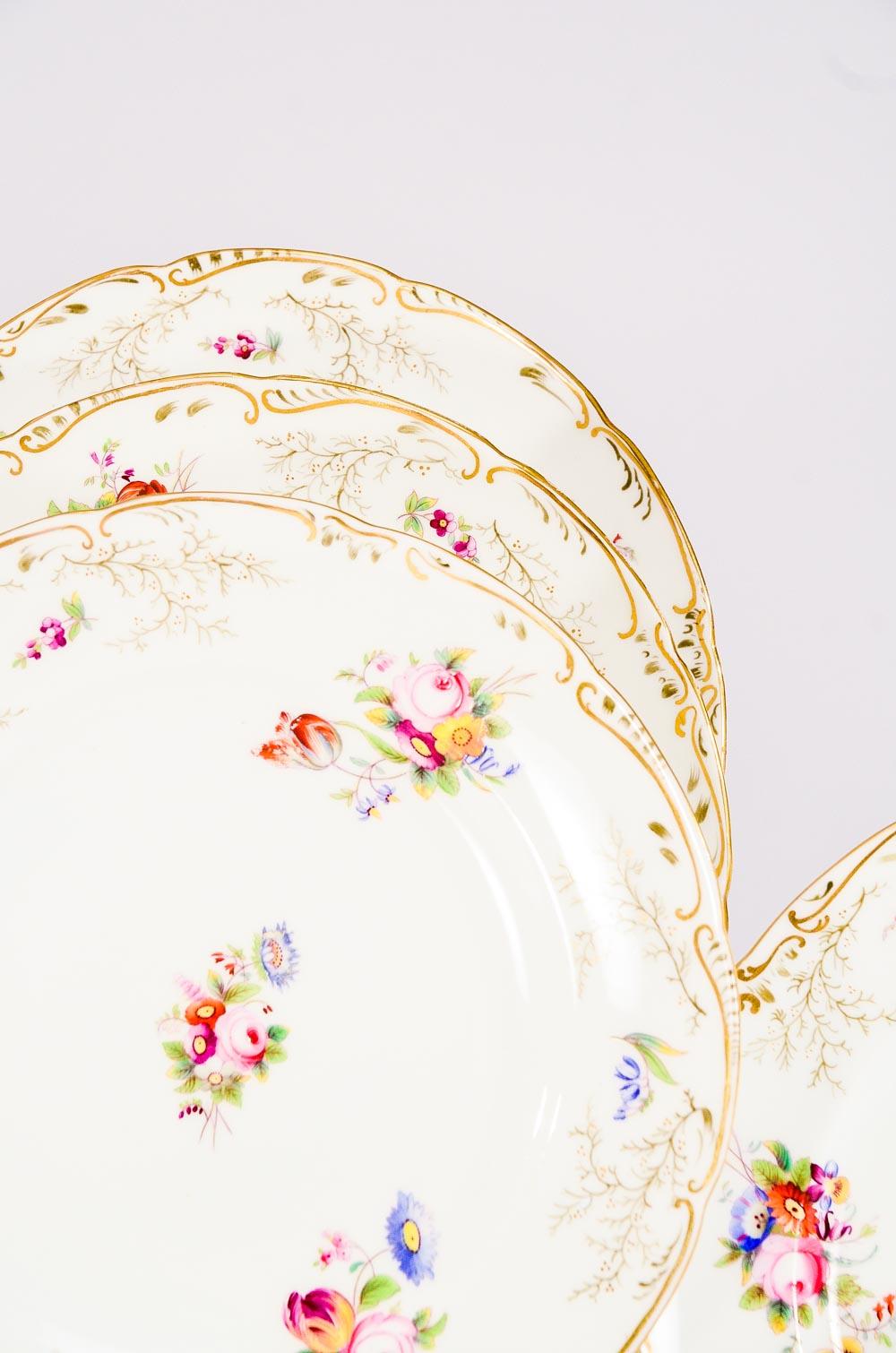English Set 12 Cauldon Dessert Plates Hand Painted Polychrome Enamel Flowers Gilt Trim For Sale