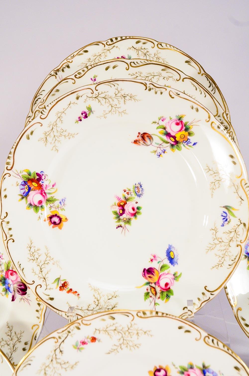 Early 20th Century Set 12 Cauldon Dessert Plates Hand Painted Polychrome Enamel Flowers Gilt Trim For Sale