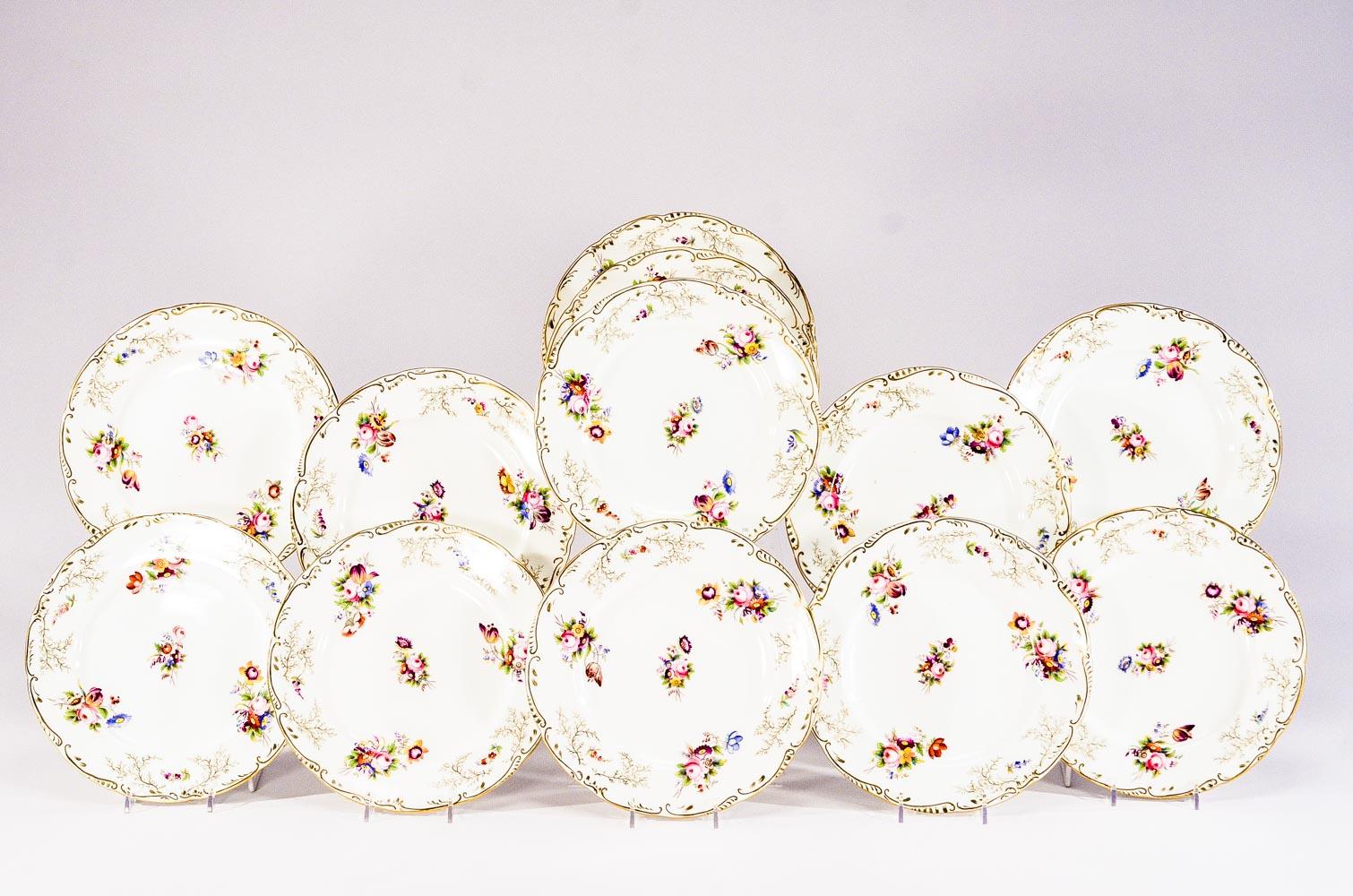 Porcelain Set 12 Cauldon Dessert Plates Hand Painted Polychrome Enamel Flowers Gilt Trim For Sale