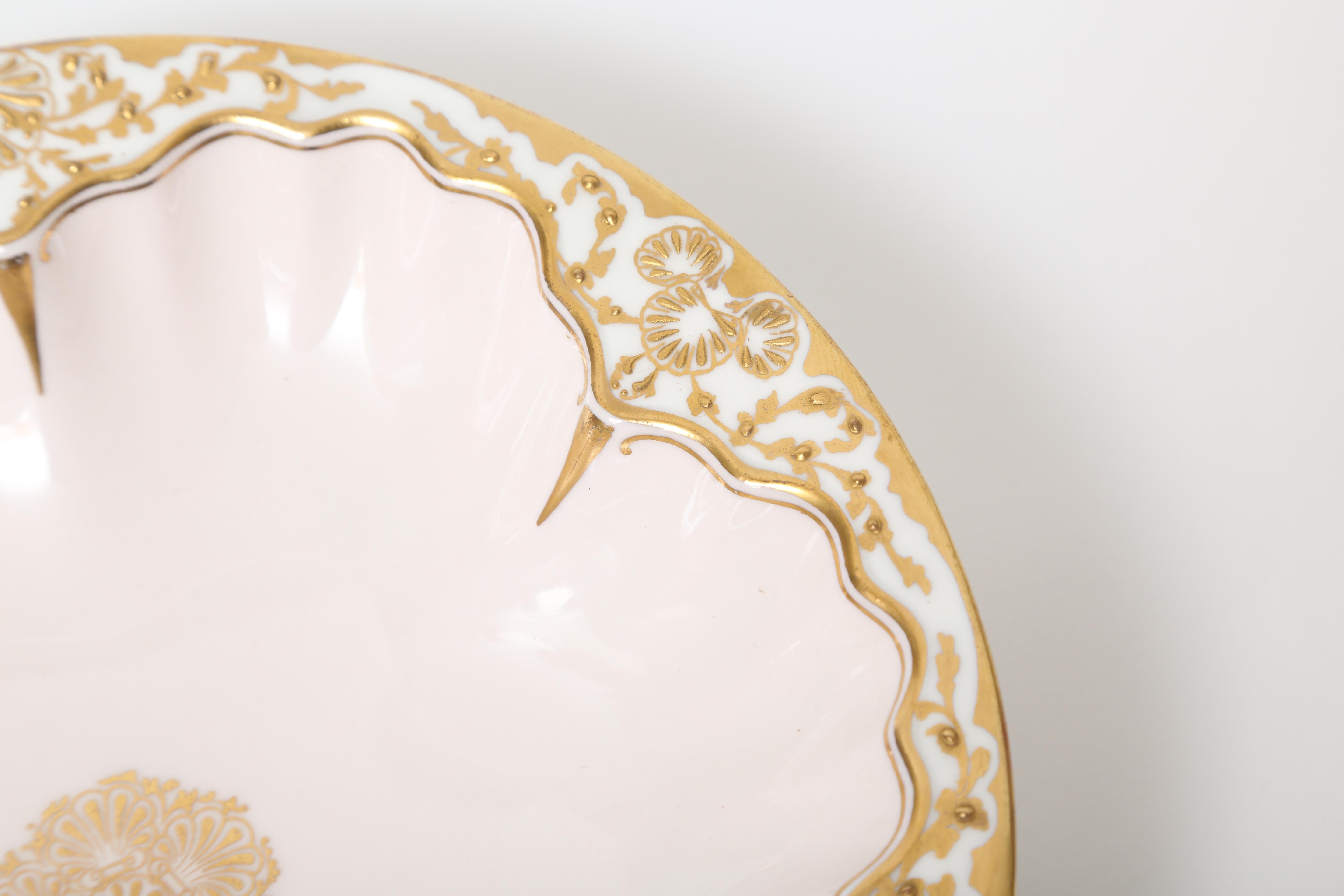 Hand-Crafted Set of 12 Antique English Soup or Dessert Bowls Shell Shaped Raised Gilt Details