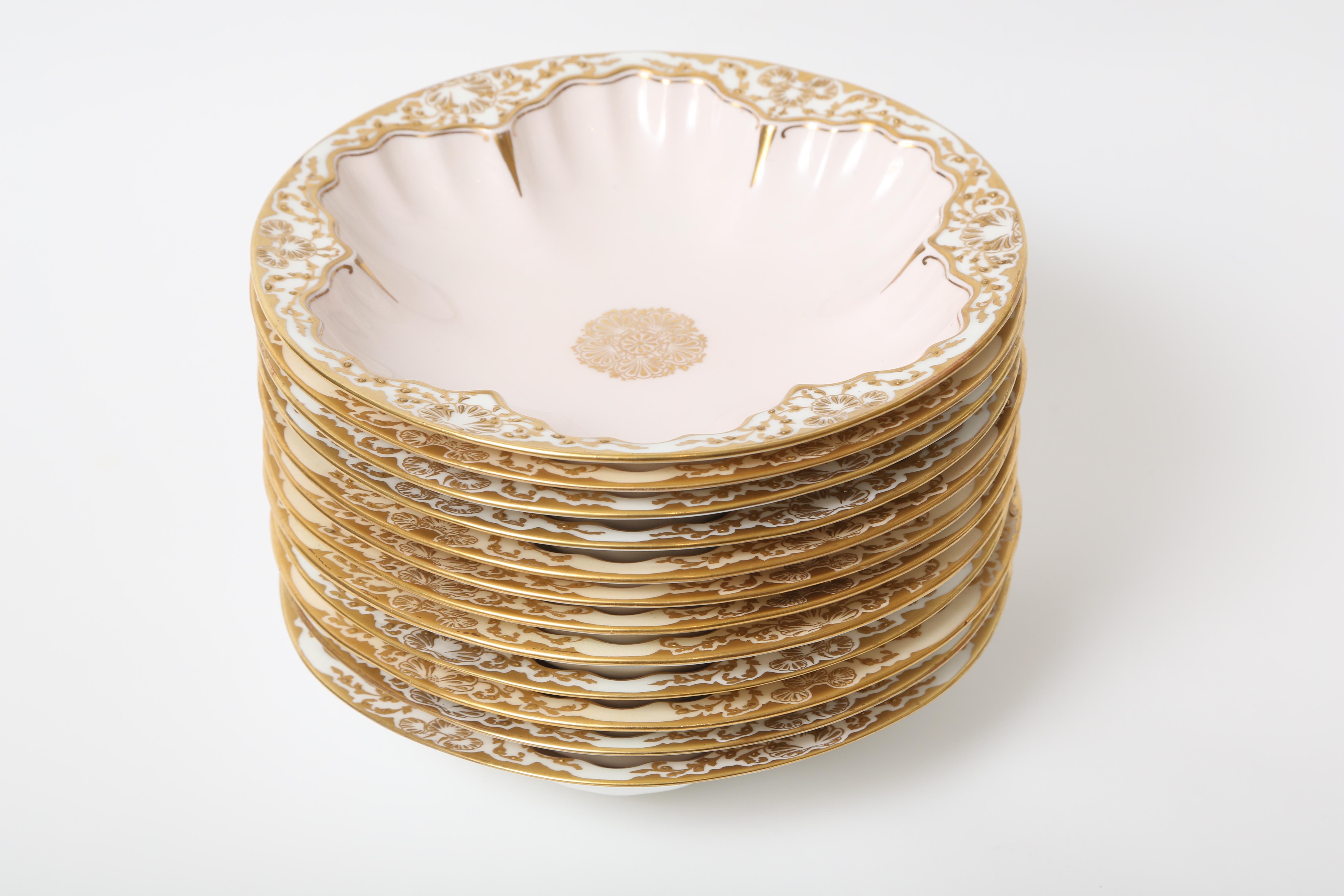 Early 20th Century Set of 12 Antique English Soup or Dessert Bowls Shell Shaped Raised Gilt Details