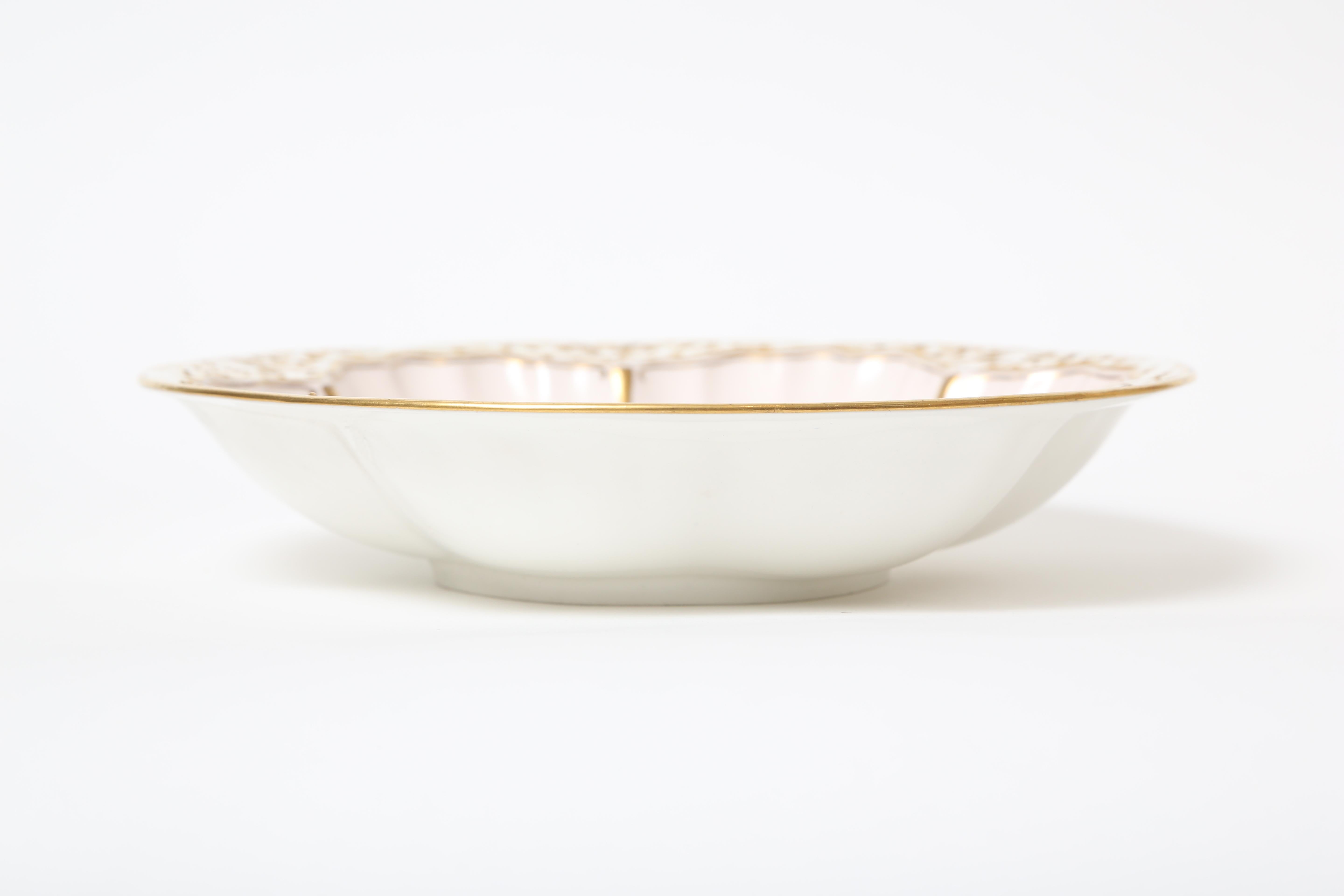 Gold Set of 12 Antique English Soup or Dessert Bowls Shell Shaped Raised Gilt Details