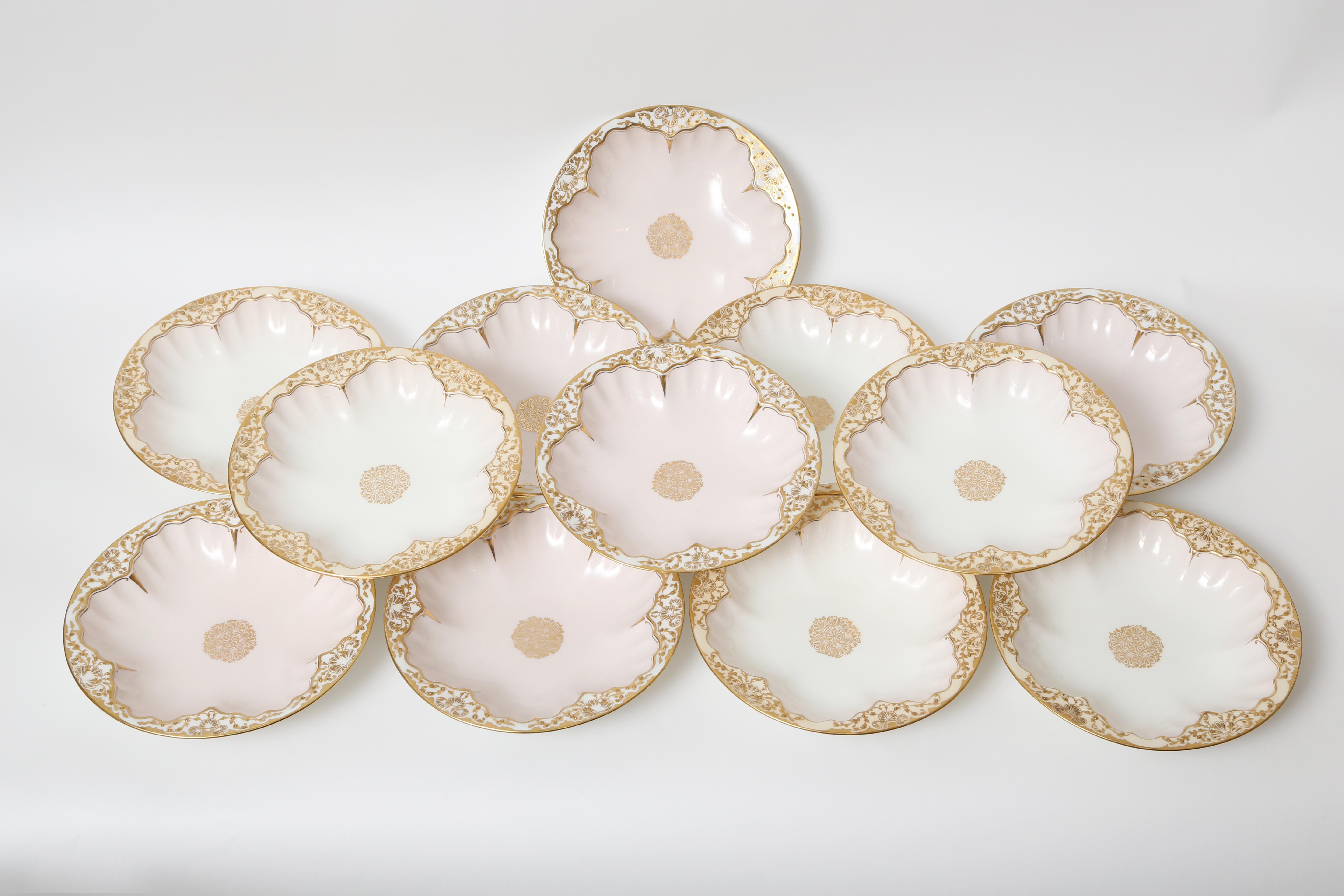 Set of 12 Antique English Soup or Dessert Bowls Shell Shaped Raised Gilt Details 3
