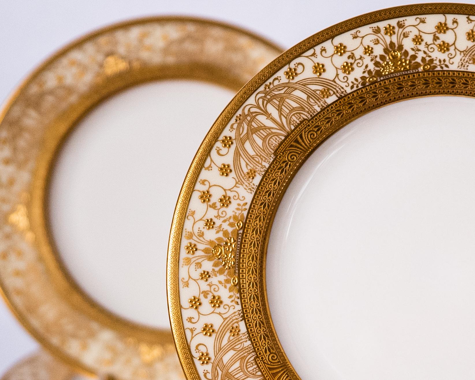 A great set of gilded dessert, first course or salad plate (nice clear centers) with an Art Nouveau raised gilt foliate design. Custom ordered through the fine Gilded Age Retailer, Marshall Fields Chicago and custom made by one of the US re known