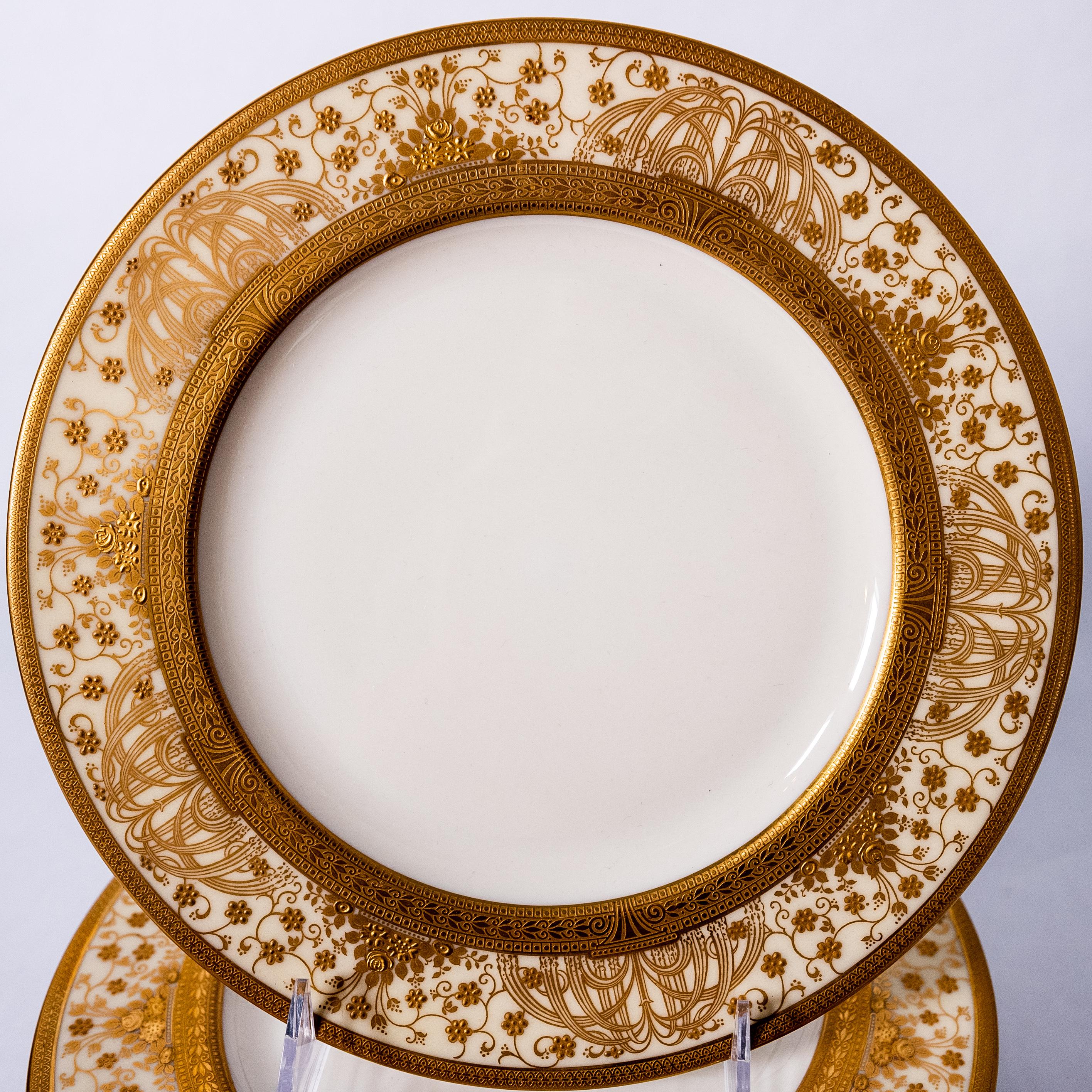 Art Nouveau Set 12 Antique Gilt Encrusted Dessert-Lunch Plates for Marshall Fields Chicago