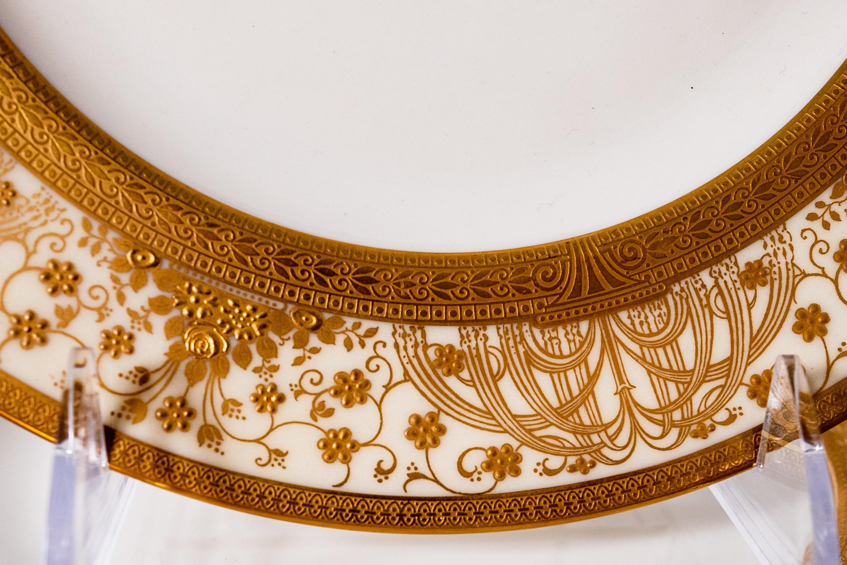 Hand-Crafted Set 12 Antique Gilt Encrusted Dessert-Lunch Plates for Marshall Fields Chicago