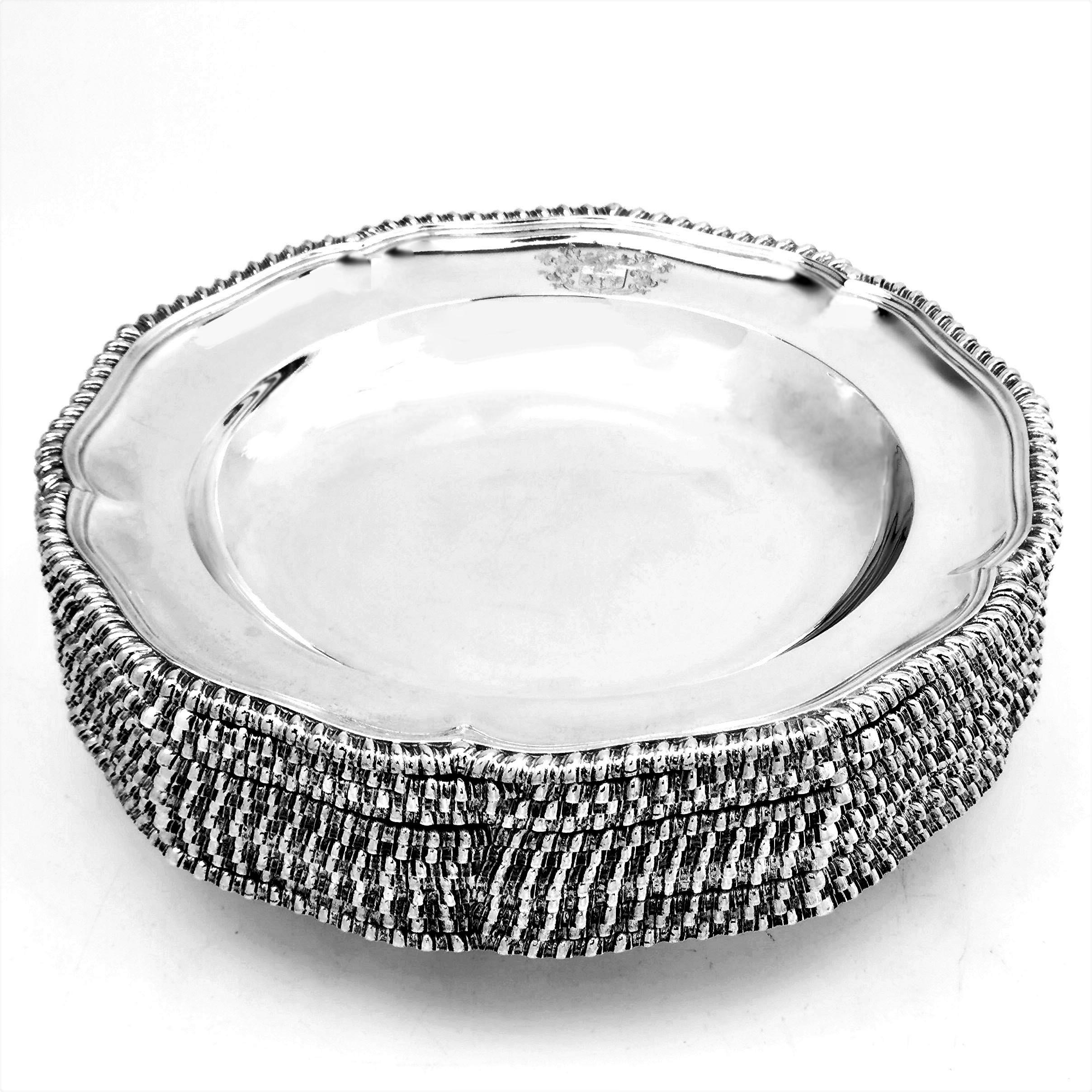 English Set 12 Antique Victorian Sterling Silver Soup Plates 1874 Gadroon