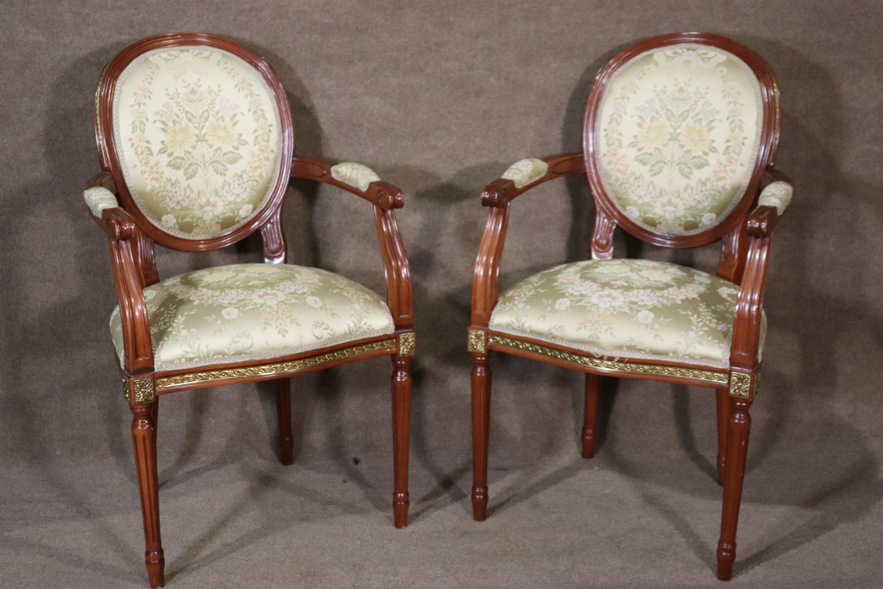 European Set 12 Bronze Mounted French Louis XVI Style Walnut Dining Chairs circa 1960 For Sale