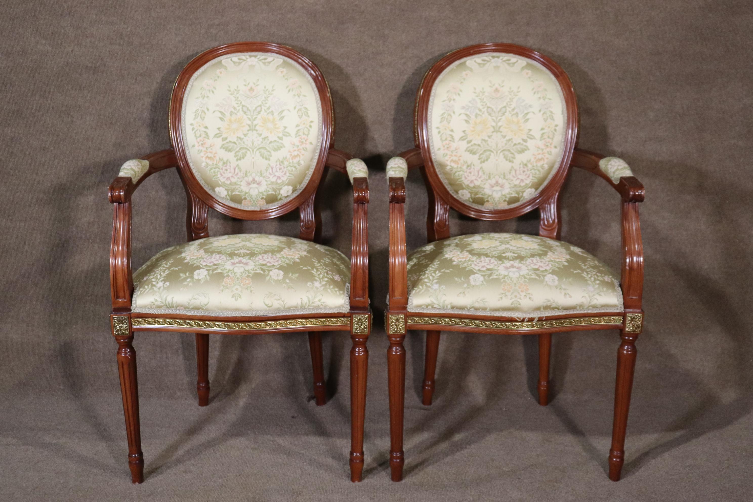 Set 12 Bronze Mounted French Louis XVI Style Walnut Dining Chairs circa 1960 In Good Condition For Sale In Swedesboro, NJ