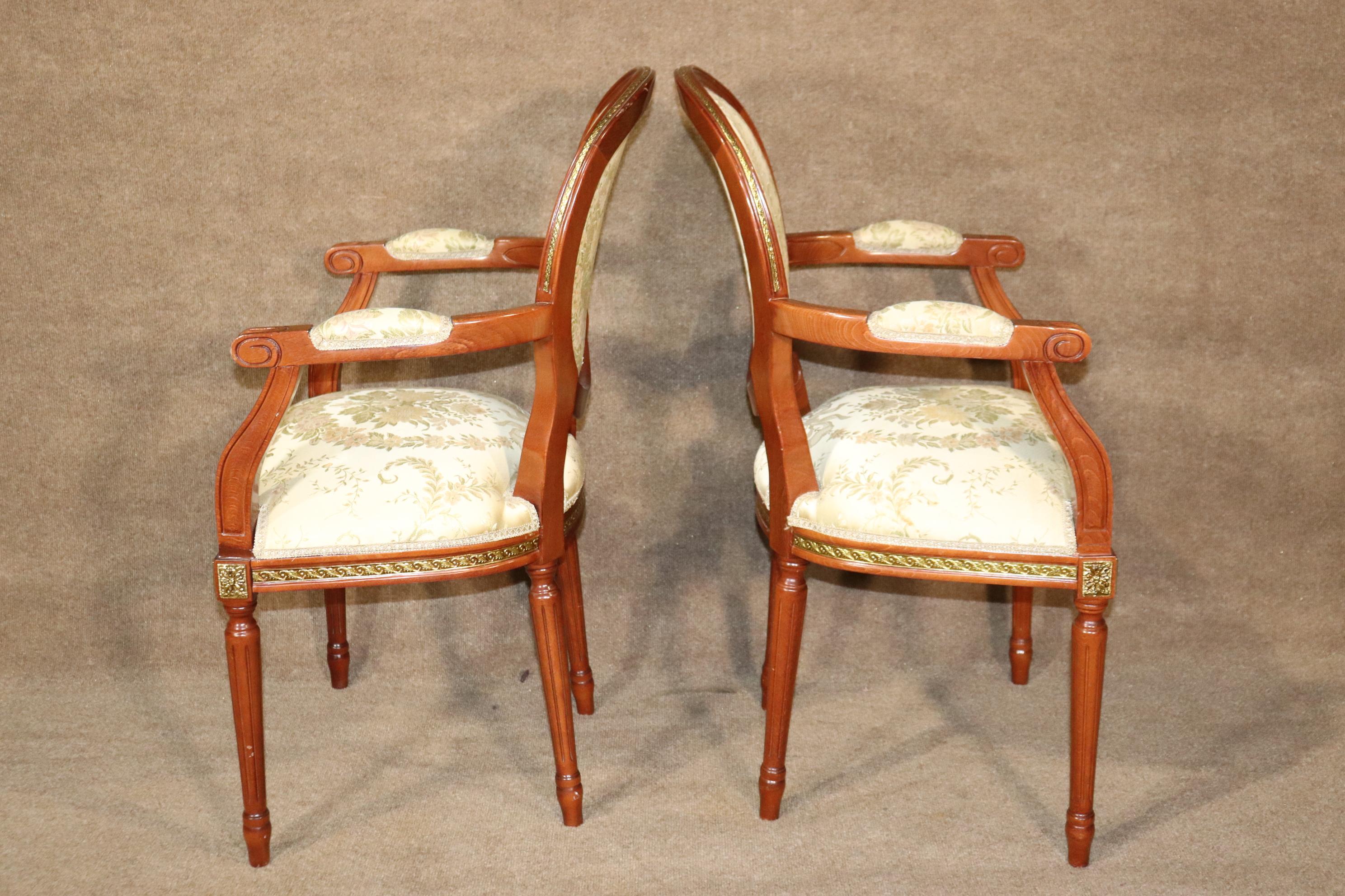 Mid-20th Century Set 12 Bronze Mounted French Louis XVI Style Walnut Dining Chairs circa 1960 For Sale