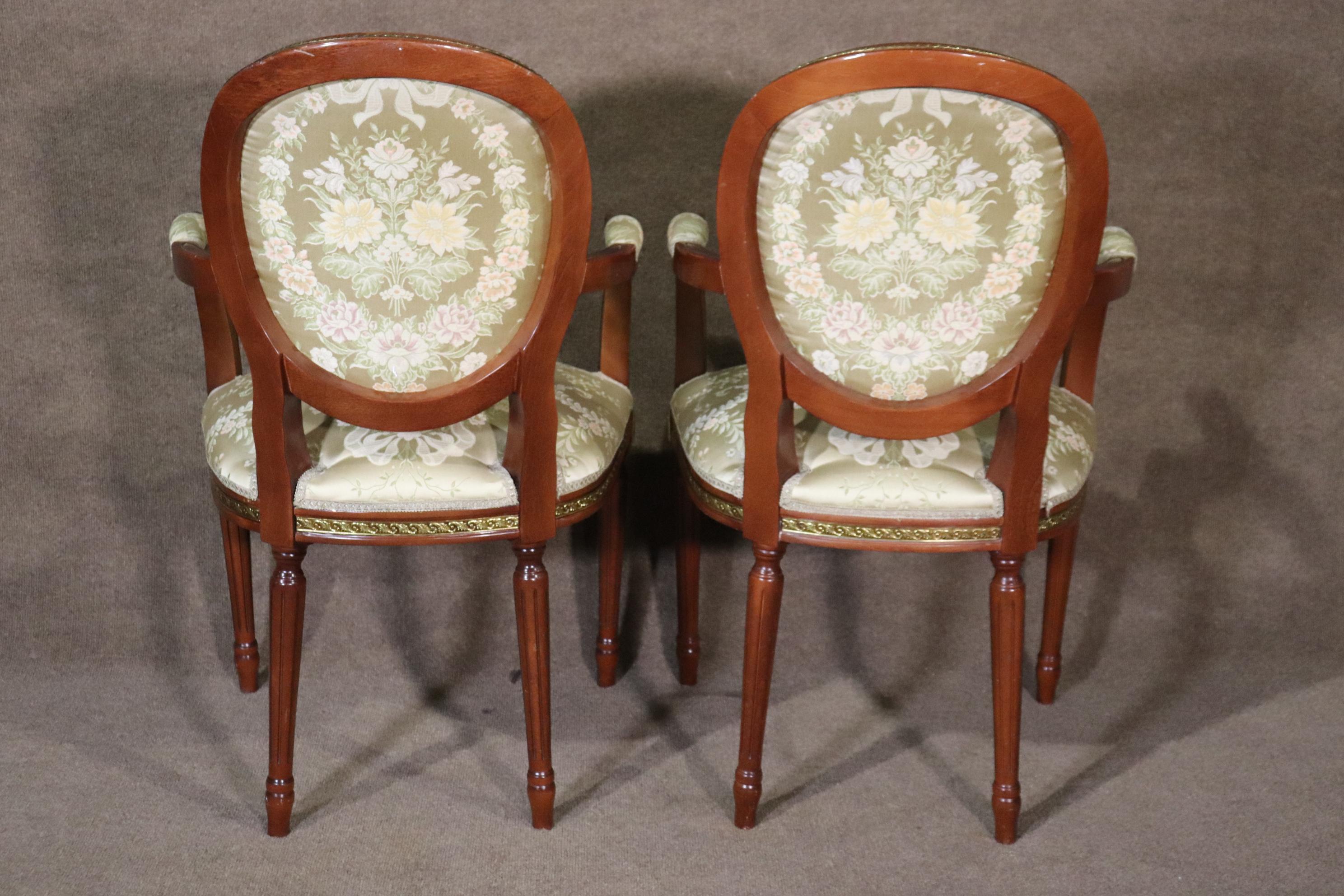 Set 12 Bronze Mounted French Louis XVI Style Walnut Dining Chairs circa 1960 For Sale 1