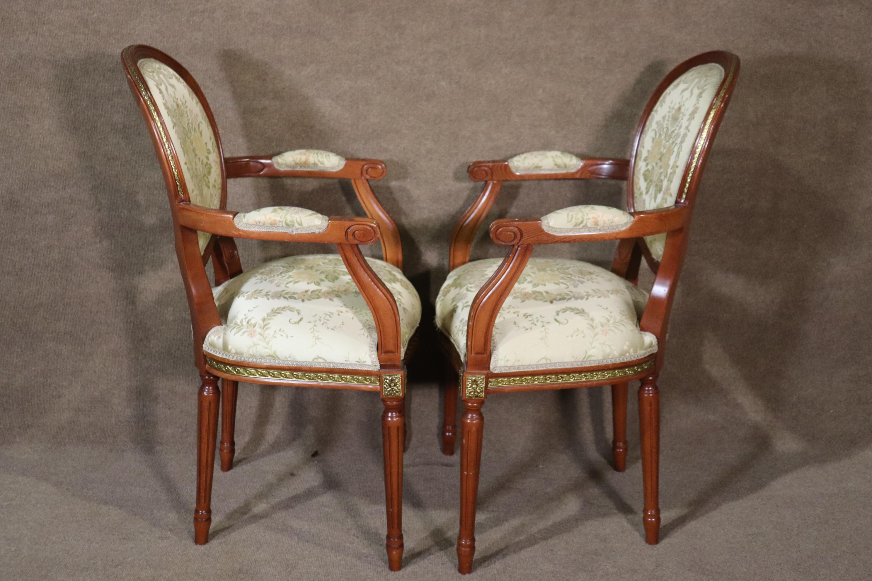 Set 12 Bronze Mounted French Louis XVI Style Walnut Dining Chairs circa 1960 For Sale 2