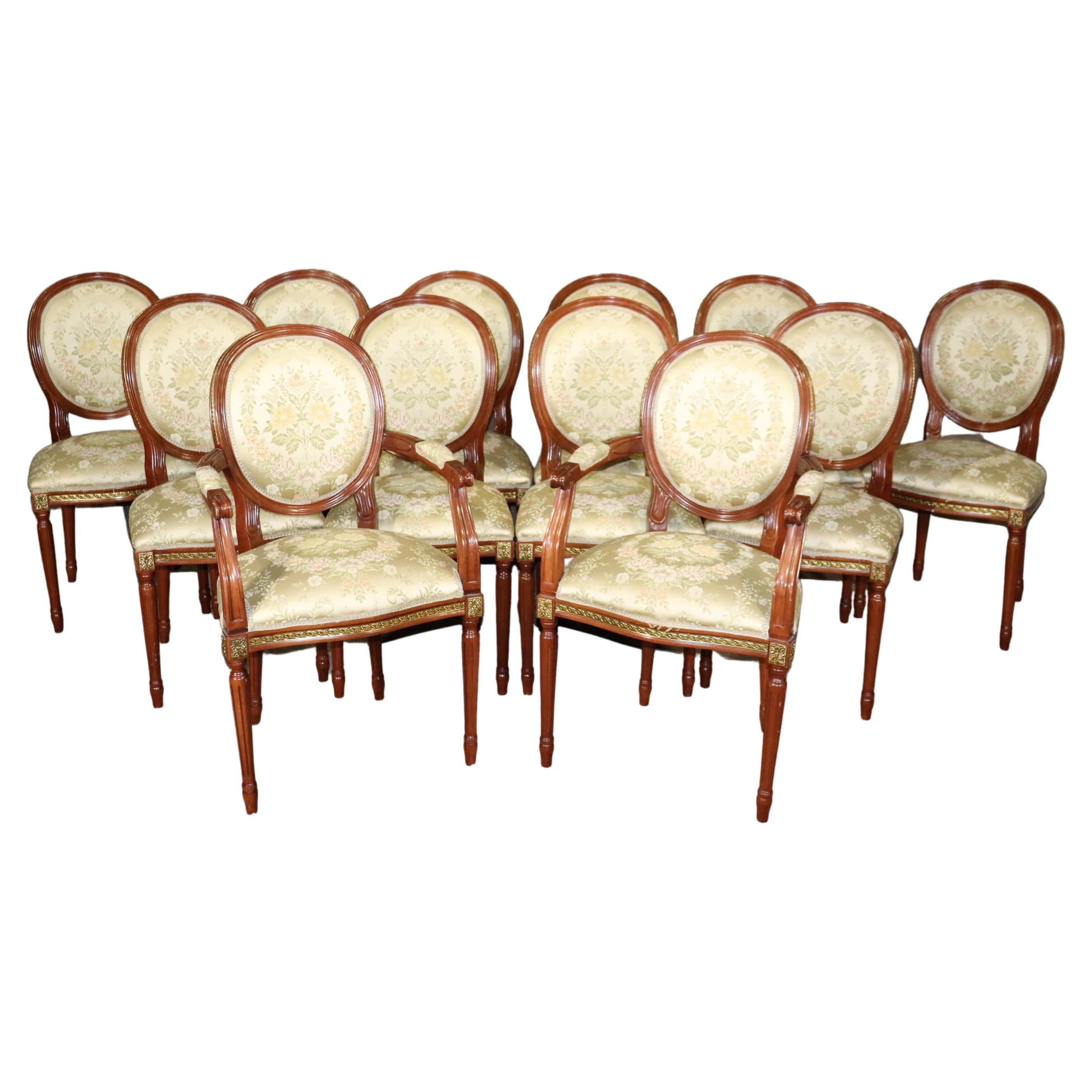 Set 12 Bronze Mounted French Louis XVI Style Walnut Dining Chairs circa 1960 For Sale