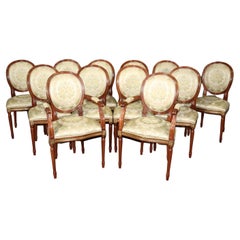 Antique Set 12 Bronze Mounted French Louis XVI Style Walnut Dining Chairs circa 1960