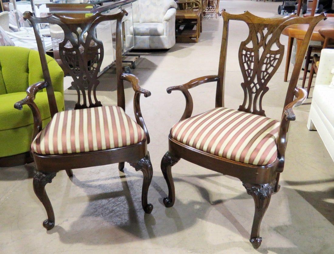 Beautiful hand carved mahogany frames. Upholstered seats. 10 Side chairs: 39 3/4