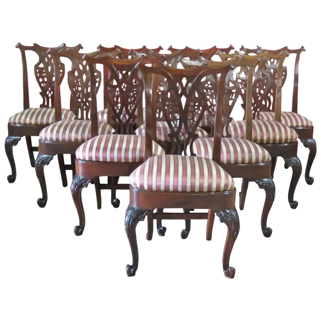 Set 12 Carved Mahogany English Chippendale Georgian Dining Chairs, Circa 1900