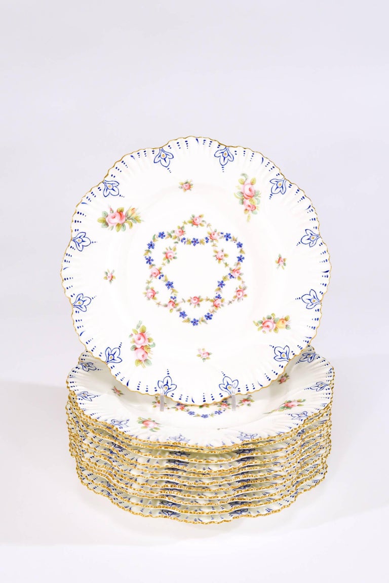 Set of 12 Coalport White Shaped Rim Dinner Plates with Handpainted